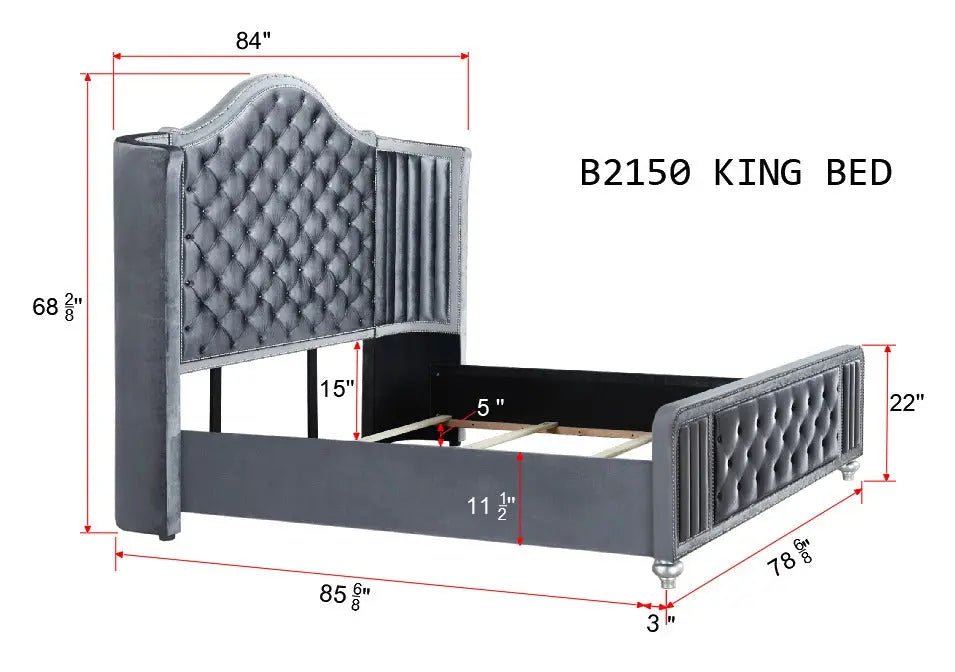 Cameo Gray King Upholstered Wingback Panel Bed Crown Mark