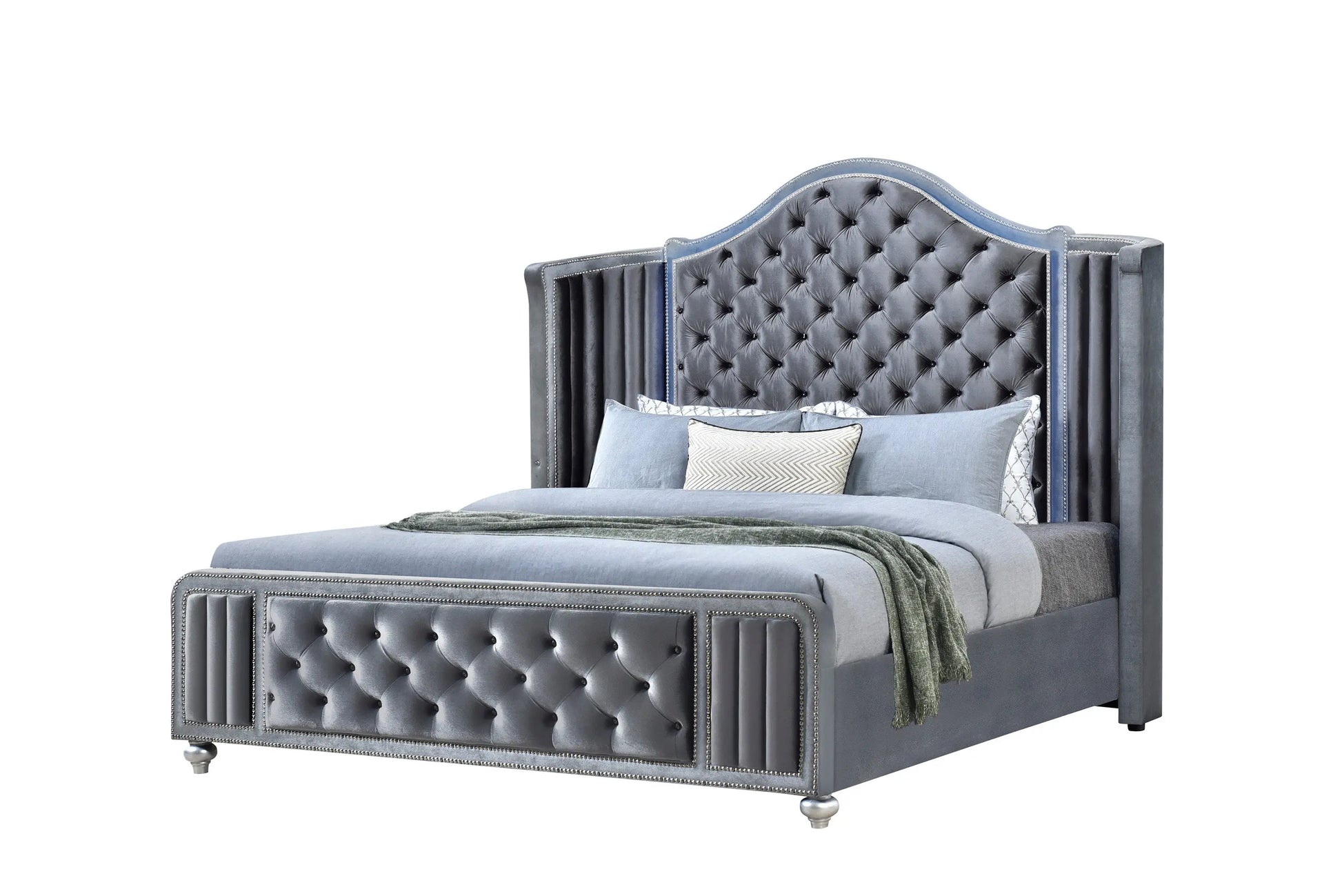 Cameo Gray Queen Upholstered Wingback Panel Bed Crown Mark