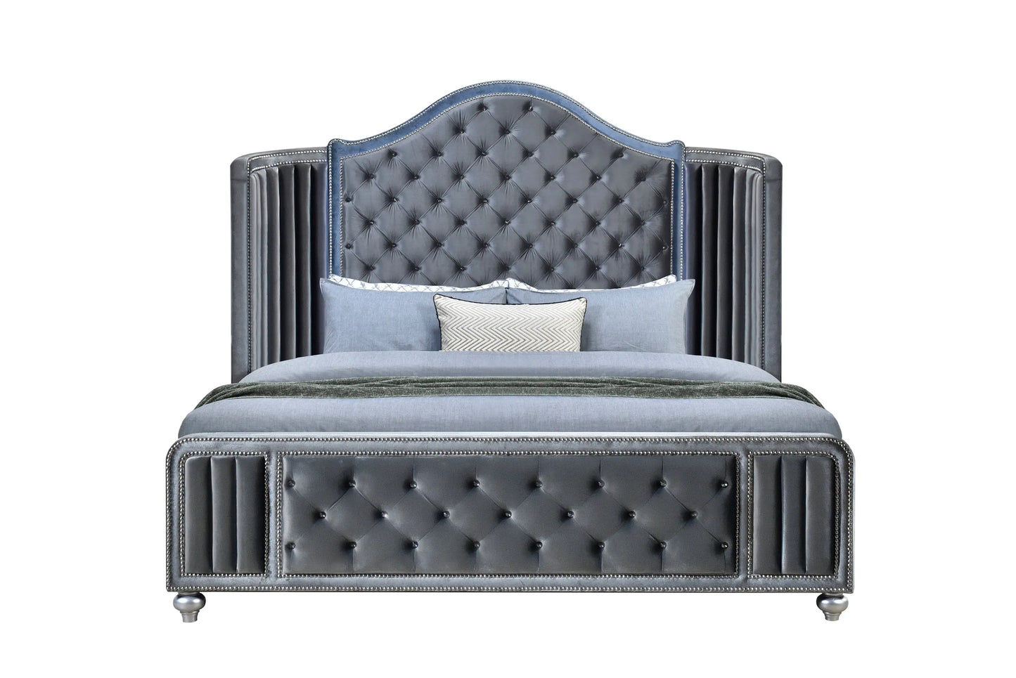 Cameo Gray Queen Upholstered Wingback Panel Bed Crown Mark