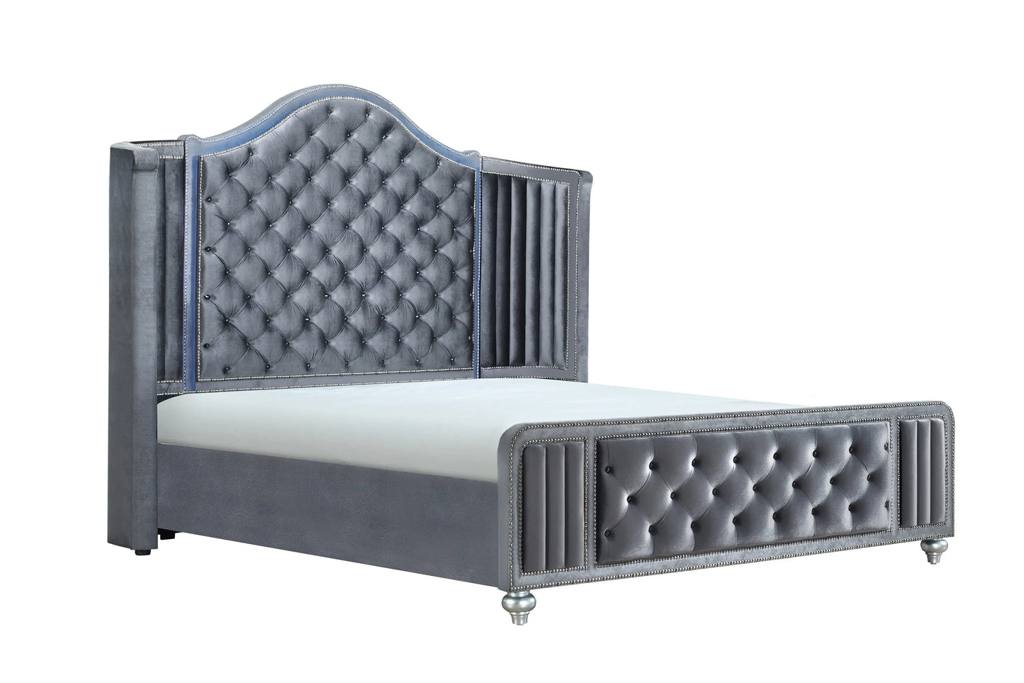 Cameo Gray Queen Upholstered Wingback Panel Bed Crown Mark