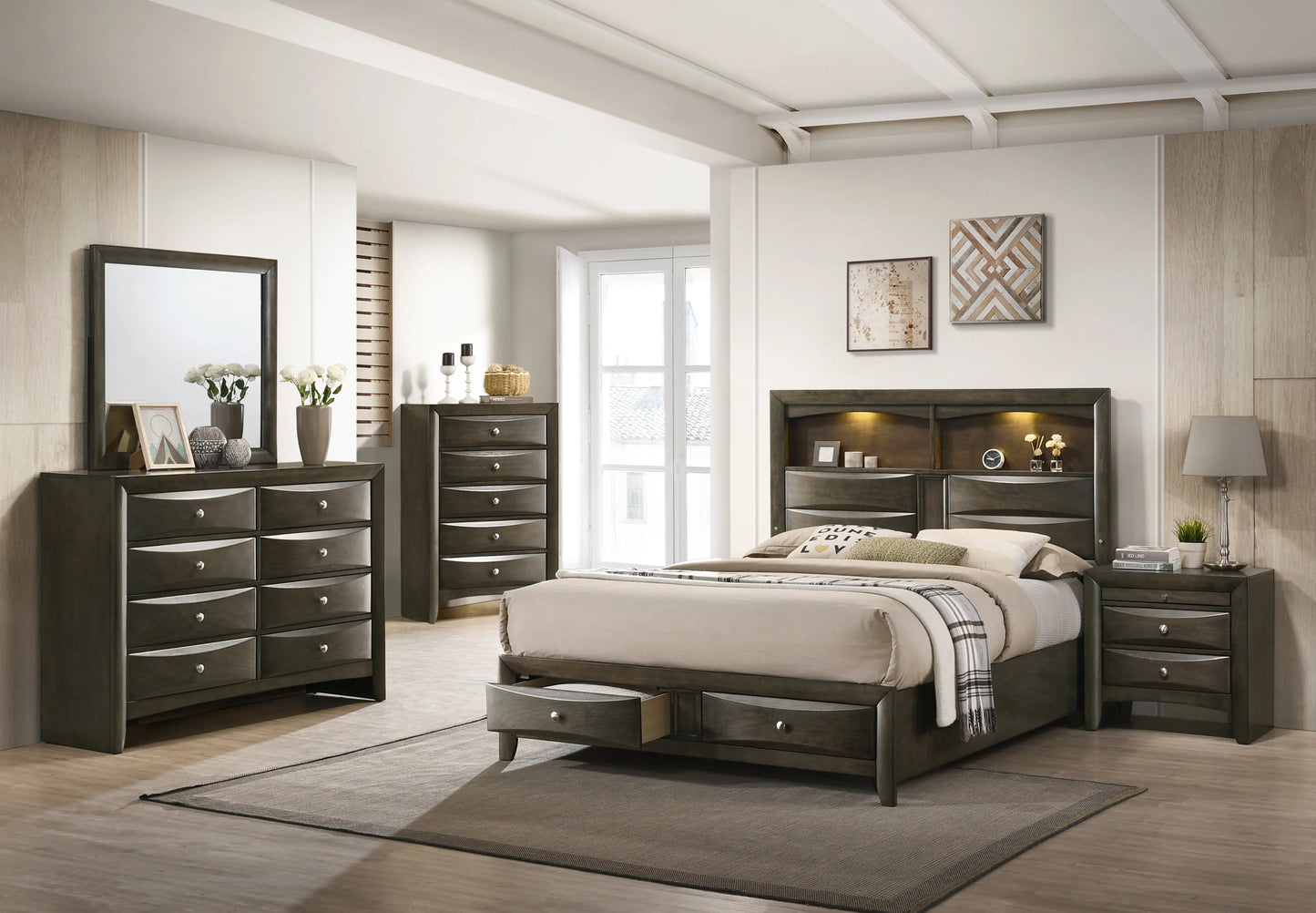 Fallon Gray King LED Storage Platform Bed Crown Mark