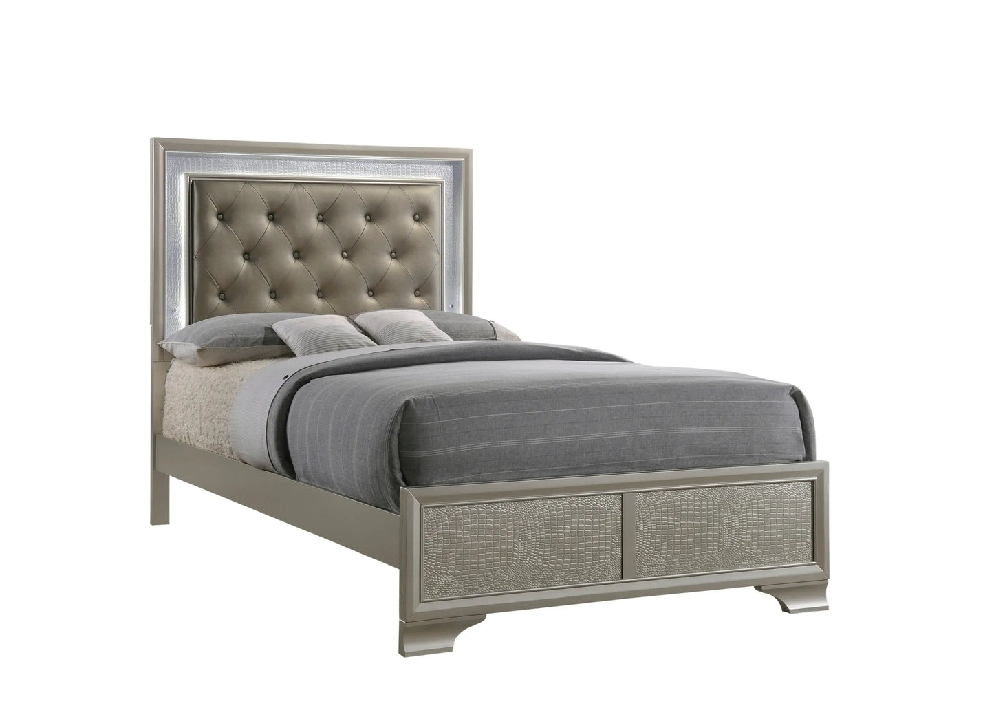 Lyssa Champagne Full LED Upholstered Panel Bed Crown Mark