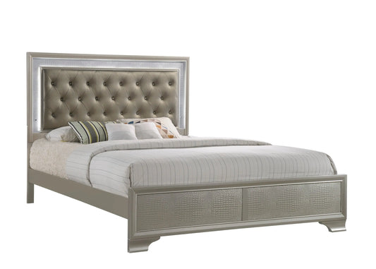 Lyssa Champagne King LED Upholstered Panel Bed Crown Mark