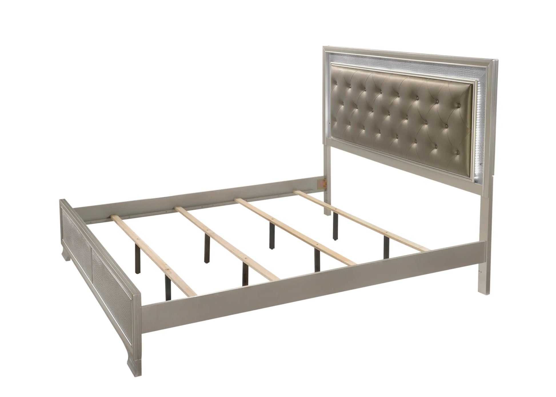 Lyssa Champagne King LED Upholstered Panel Bed Crown Mark