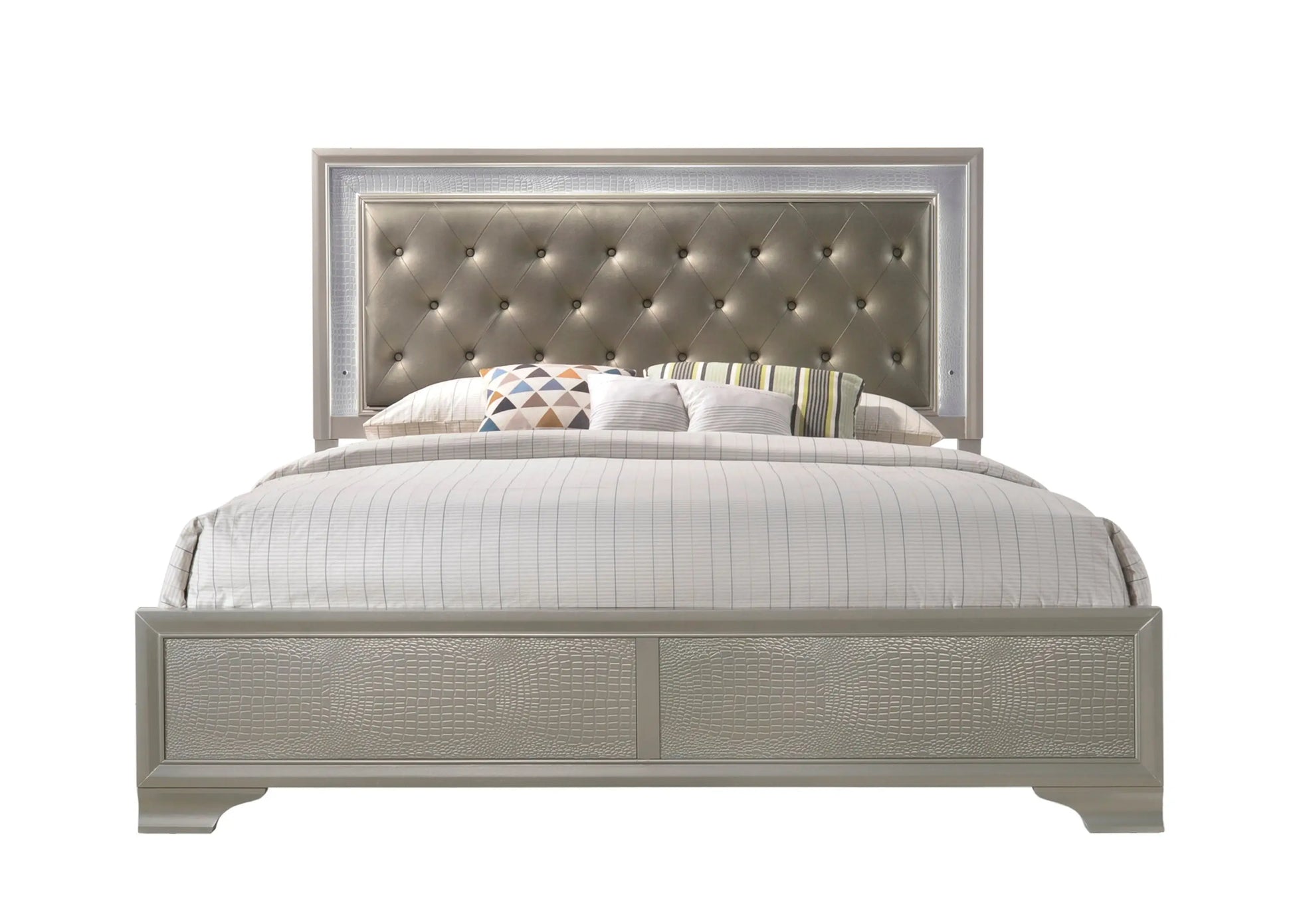 Lyssa Champagne King LED Upholstered Panel Bed Crown Mark