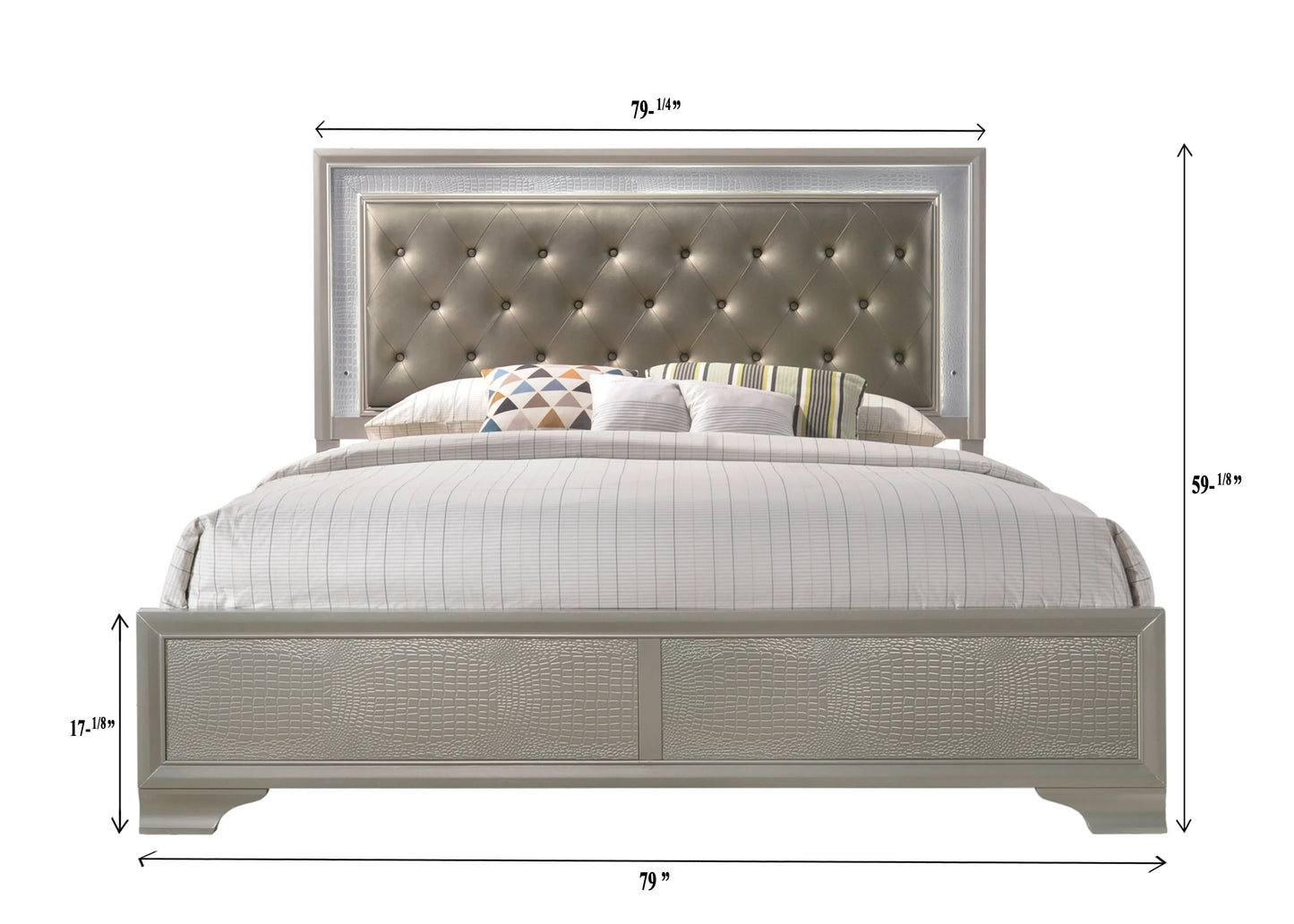 Lyssa Champagne King LED Upholstered Panel Bed Crown Mark