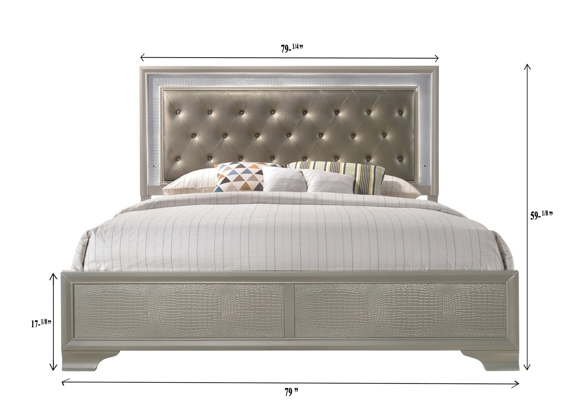 Lyssa Champagne King LED Upholstered Panel Bed Crown Mark