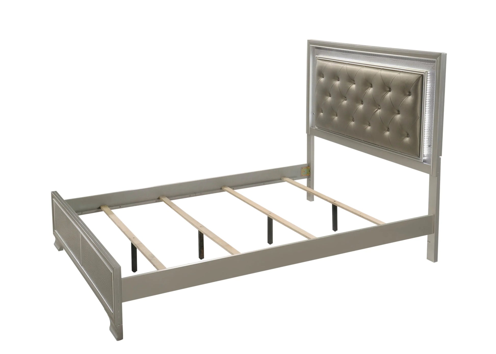 Lyssa Champagne Full LED Upholstered Panel Bed Crown Mark