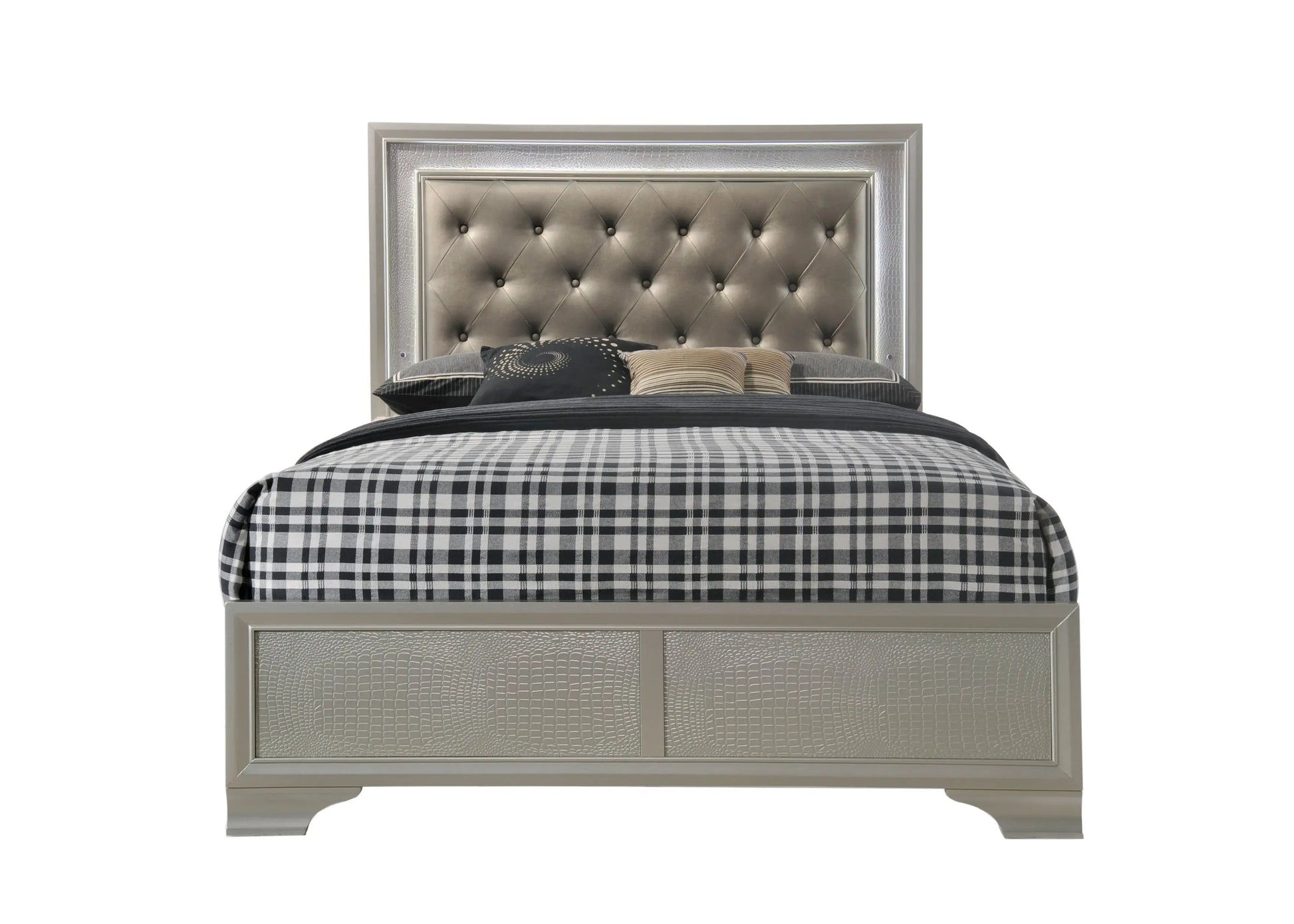 Lyssa Champagne Full LED Upholstered Panel Bed Crown Mark