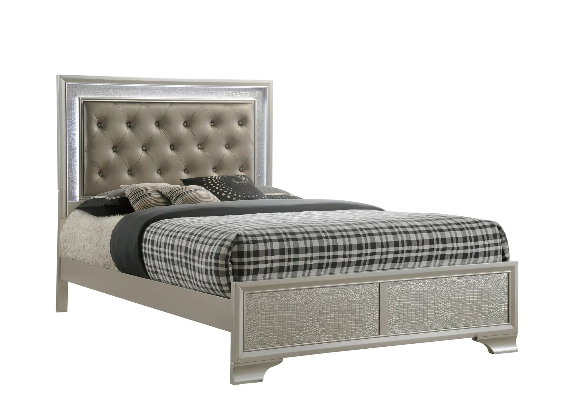 Lyssa Champagne Queen LED Upholstered Panel Bed Crown Mark