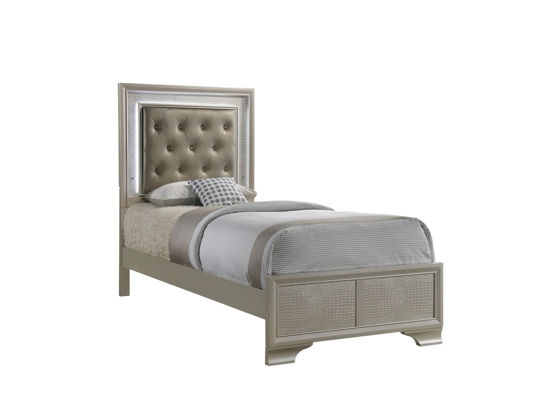 Lyssa Champagne Twin LED Upholstered Panel Bed Crown Mark