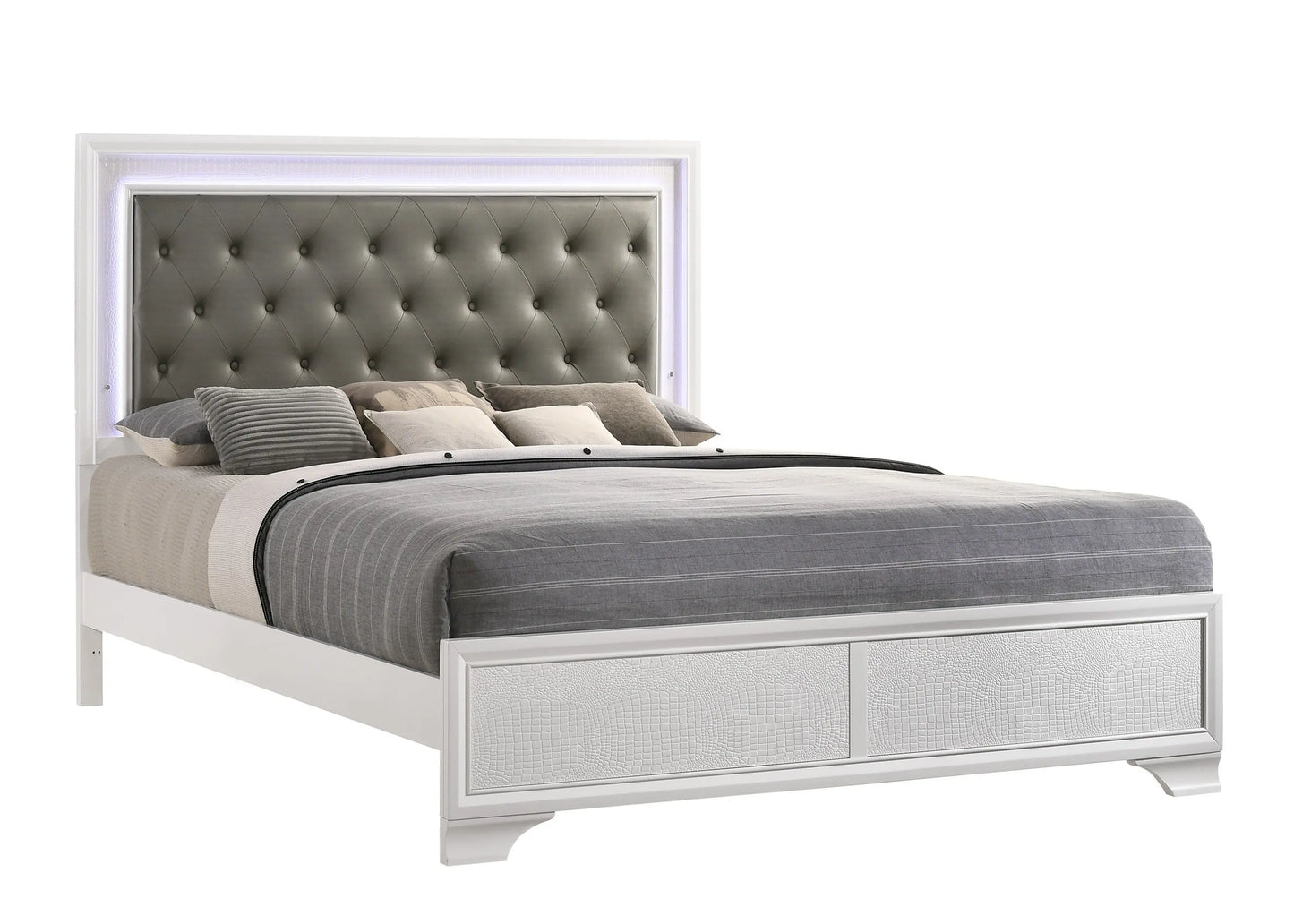 Lyssa Frost King LED Upholstered Panel Bed Crown Mark