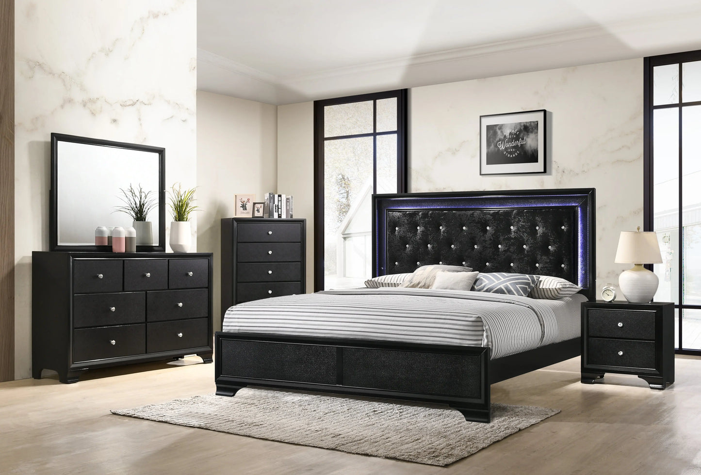 Micah Black King LED Upholstered Panel Bed Crown Mark