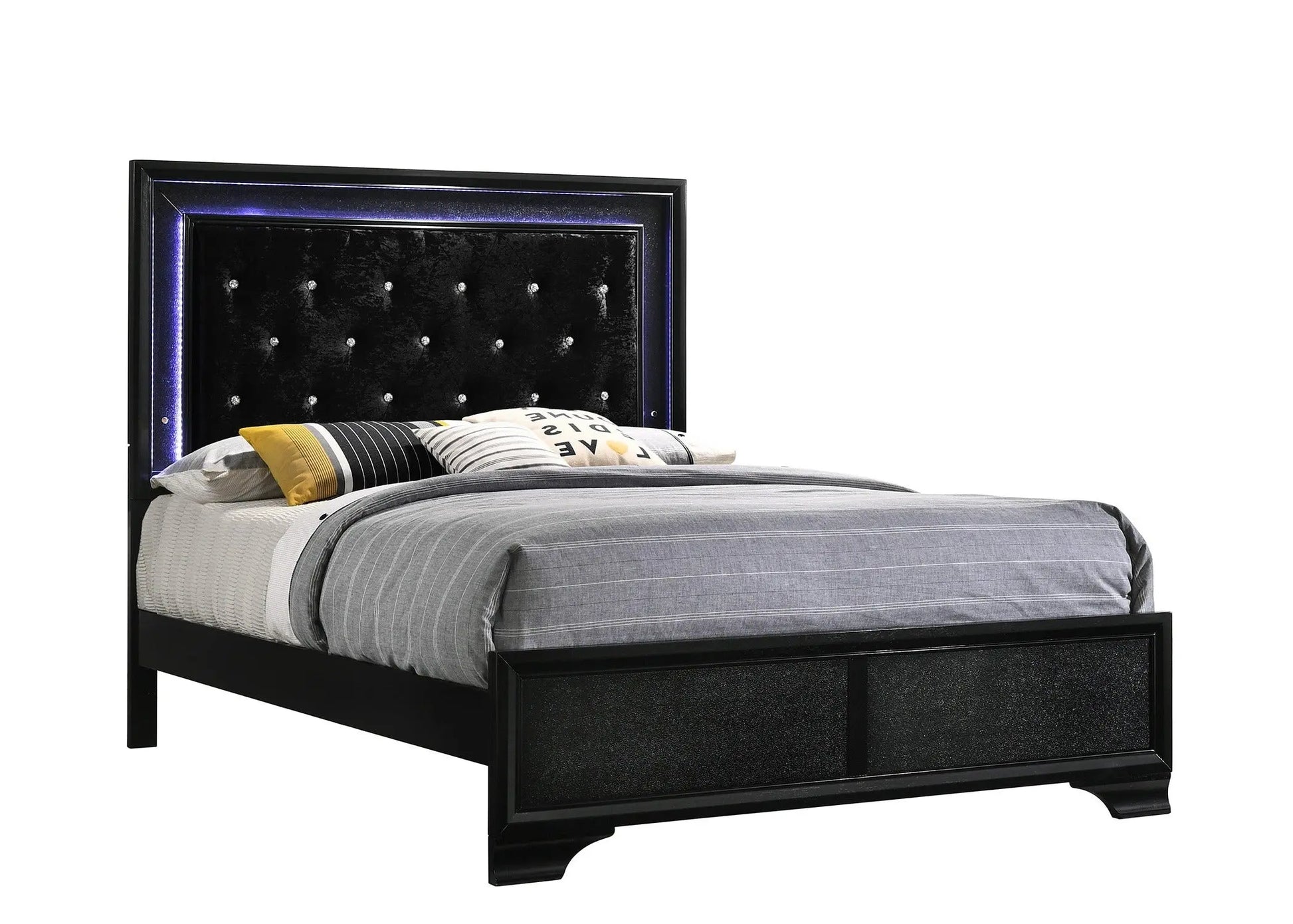 Micah Black Twin LED Upholstered Panel Bed Crown Mark