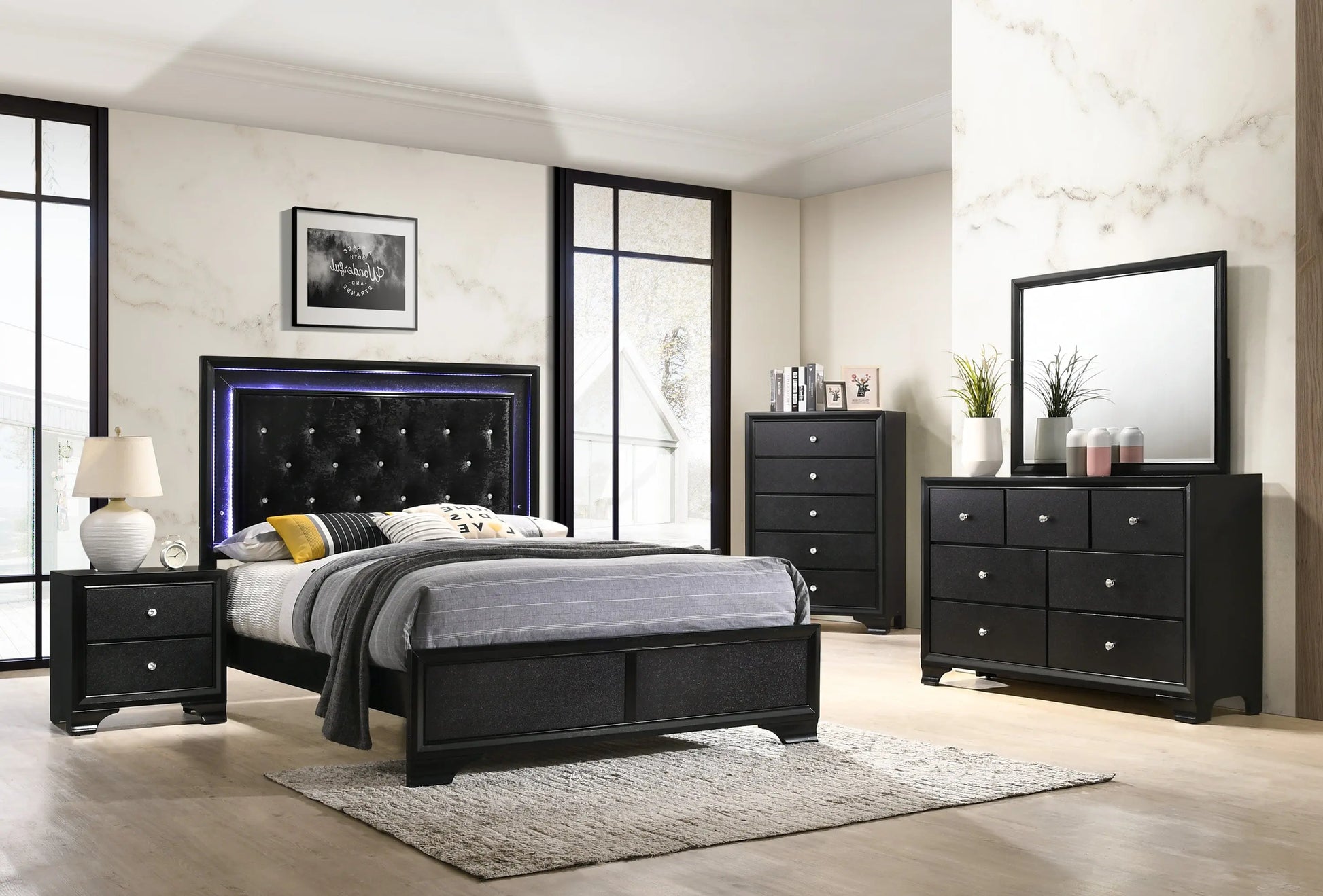 Micah Black Twin LED Upholstered Panel Bed Crown Mark