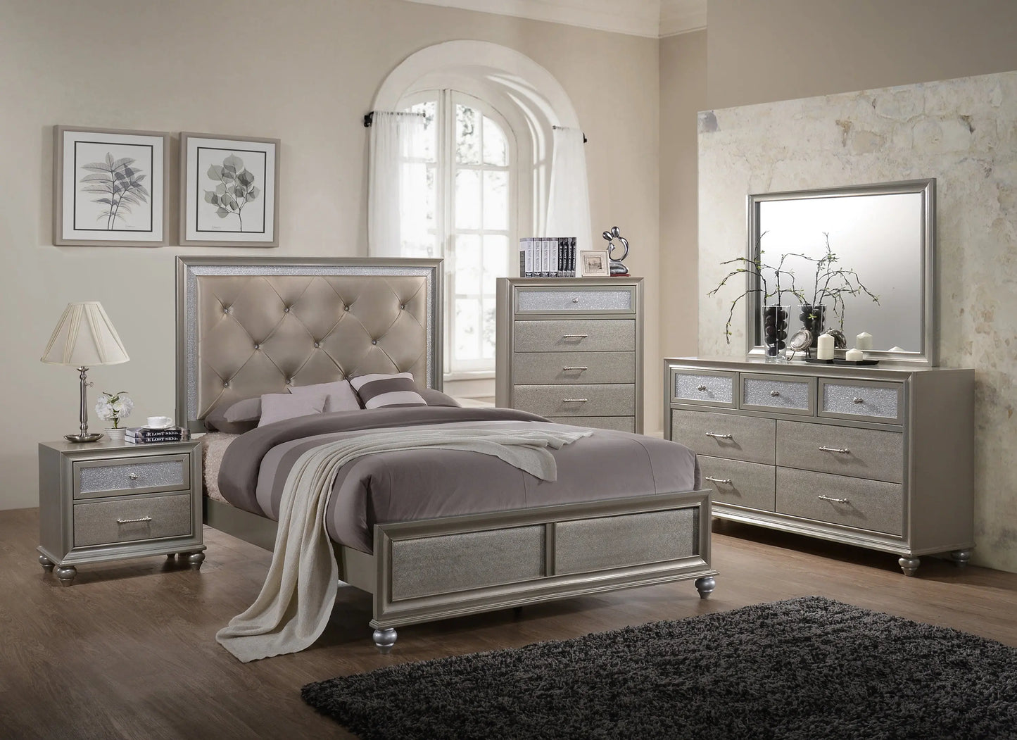 Lila Champagne Full Upholstered Panel Bed Crown Mark