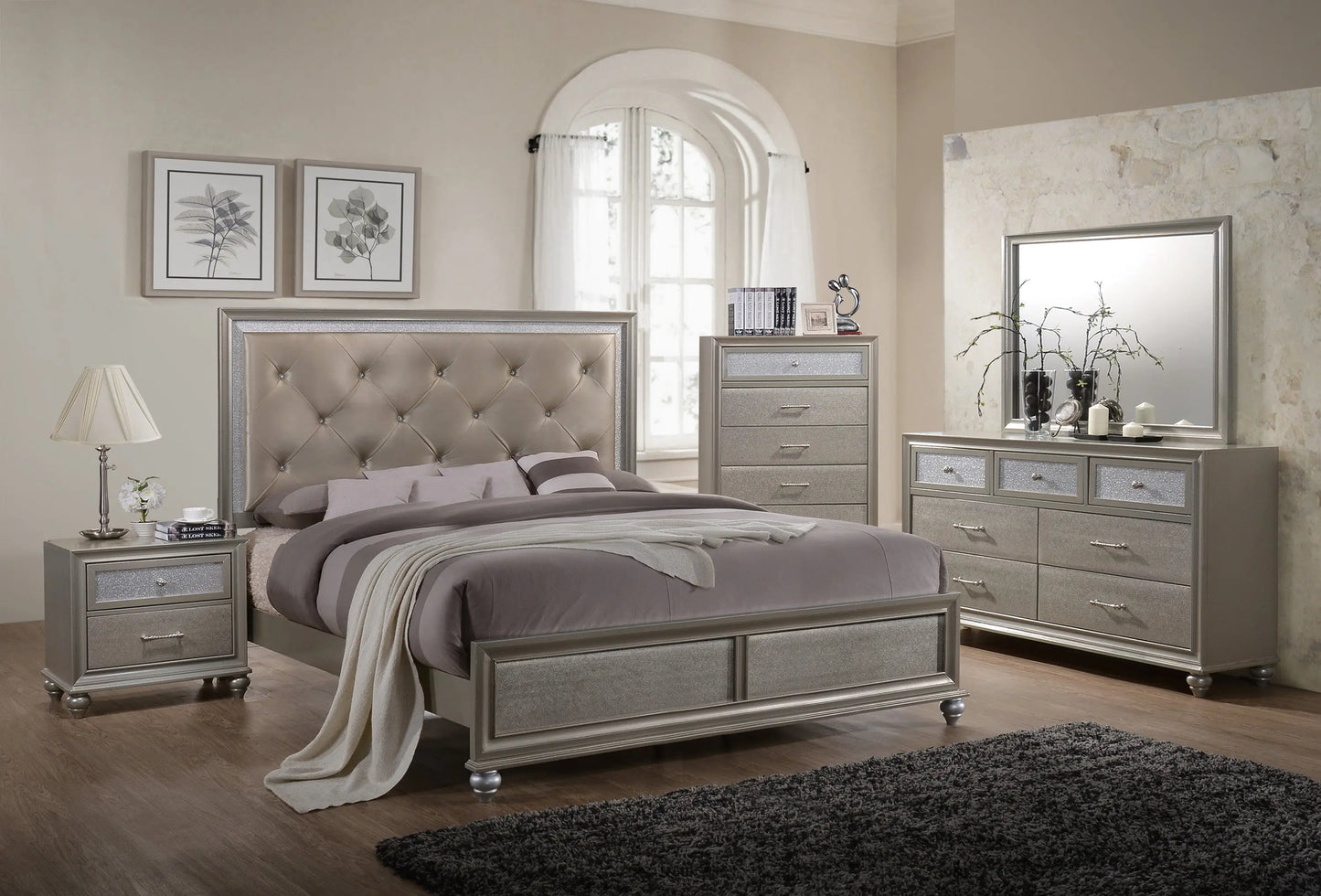 Lila Champagne King Upholstered Panel Bed Crown Mark