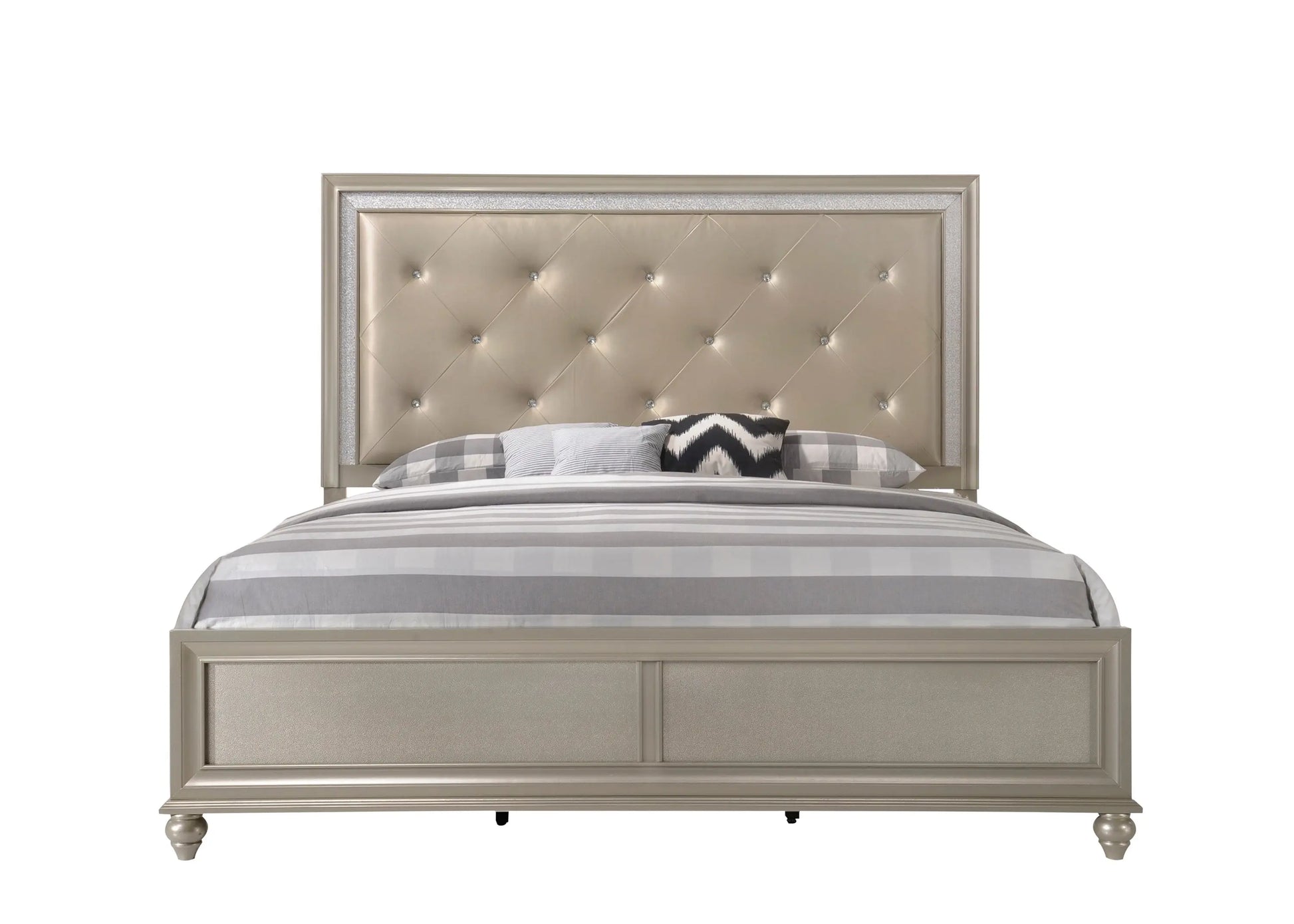 Lila Champagne King Upholstered Panel Bed Crown Mark