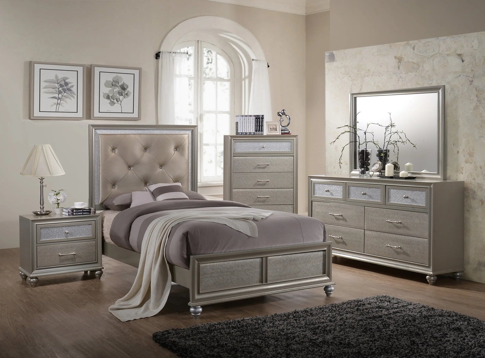 Lila Champagne Upholstered Panel Youth Bedroom Set Crown Mark