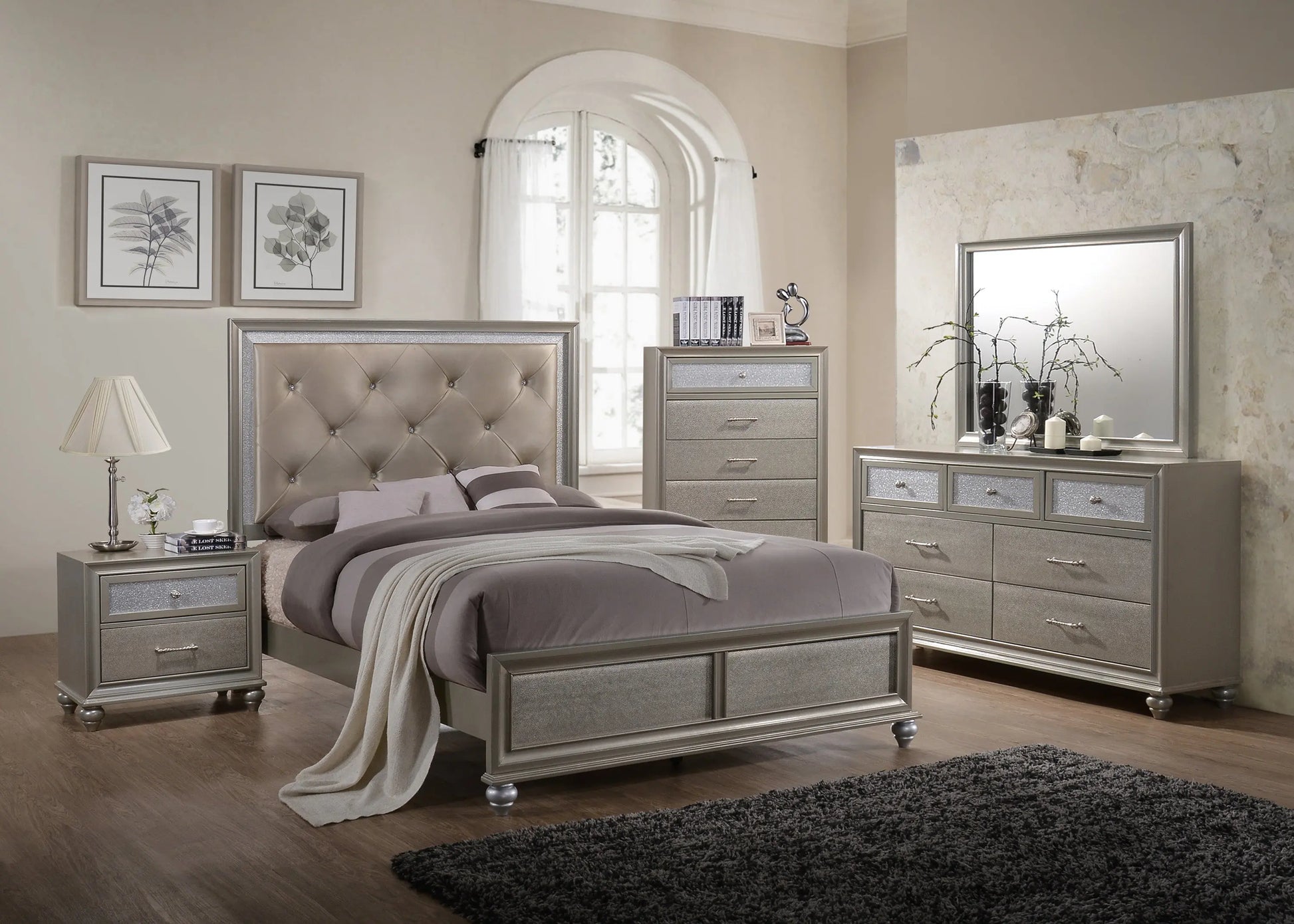 Lila Champagne Queen Upholstered Panel Bed Crown Mark