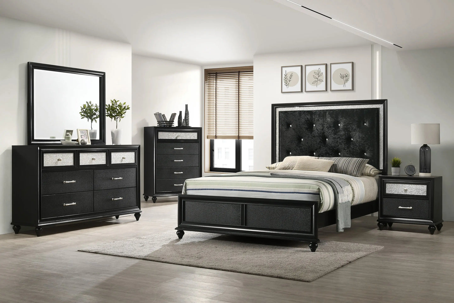 Lila Black Upholstered Panel Bedroom Set Crown Mark