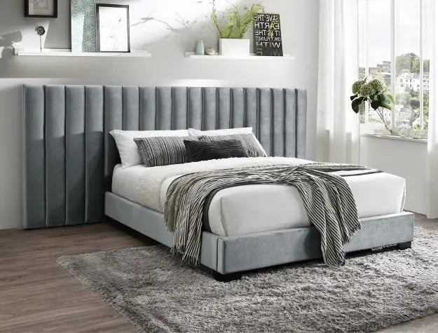 Jardin Gray Velvet Queen Wall Platform Bed Crown Mark