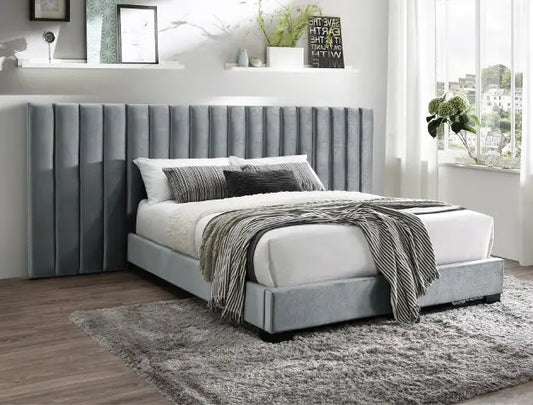 Jardin Gray Velvet King Wall Platform Bed Crown Mark