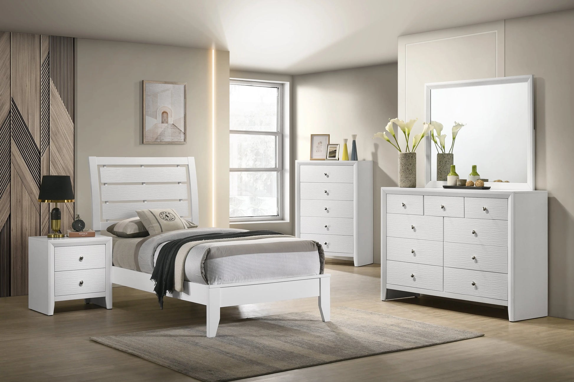 Evan White Twin Panel Bed Crown Mark