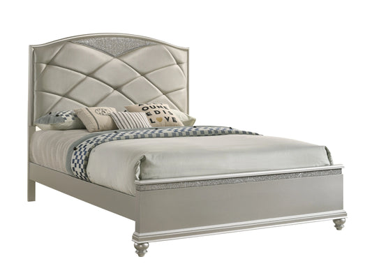 Valiant Champagne Silver Queen Upholstered Panel Bed Crown Mark