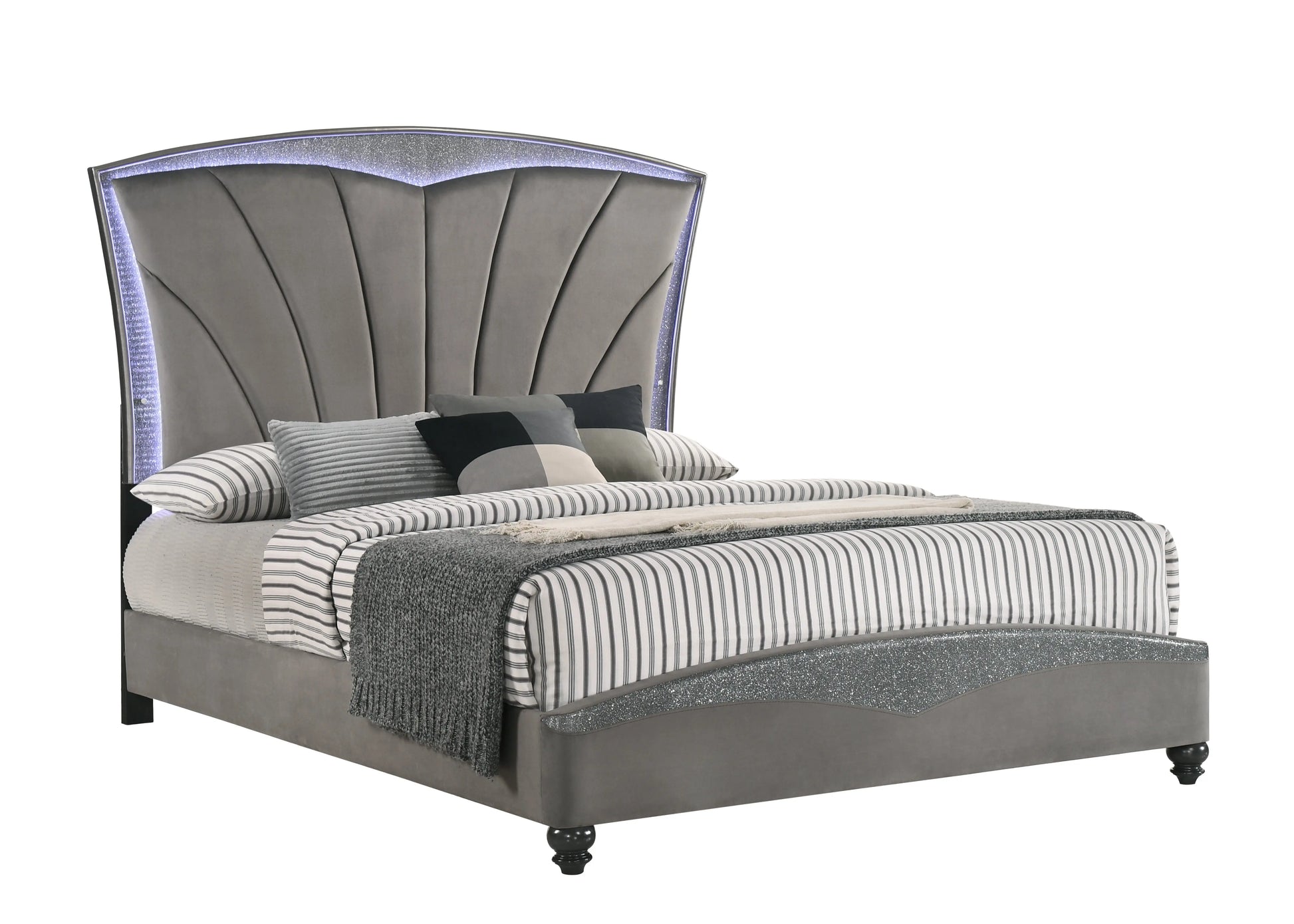 Frampton Gray King LED Upholstered Platform Bed Crown Mark