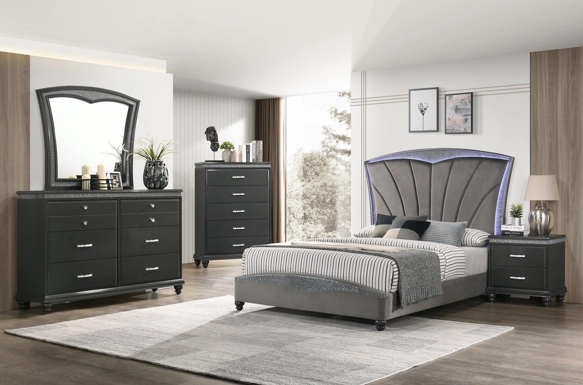 Frampton Gray Queen LED Upholstered Platform Bed Crown Mark