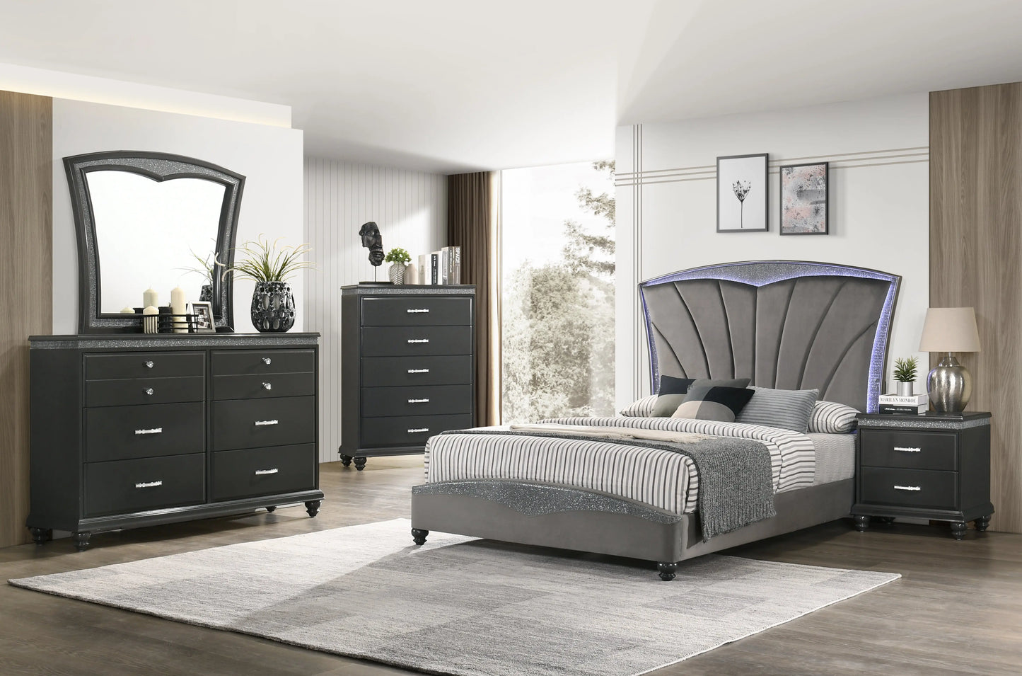 Frampton Gray King LED Upholstered Platform Bed Crown Mark