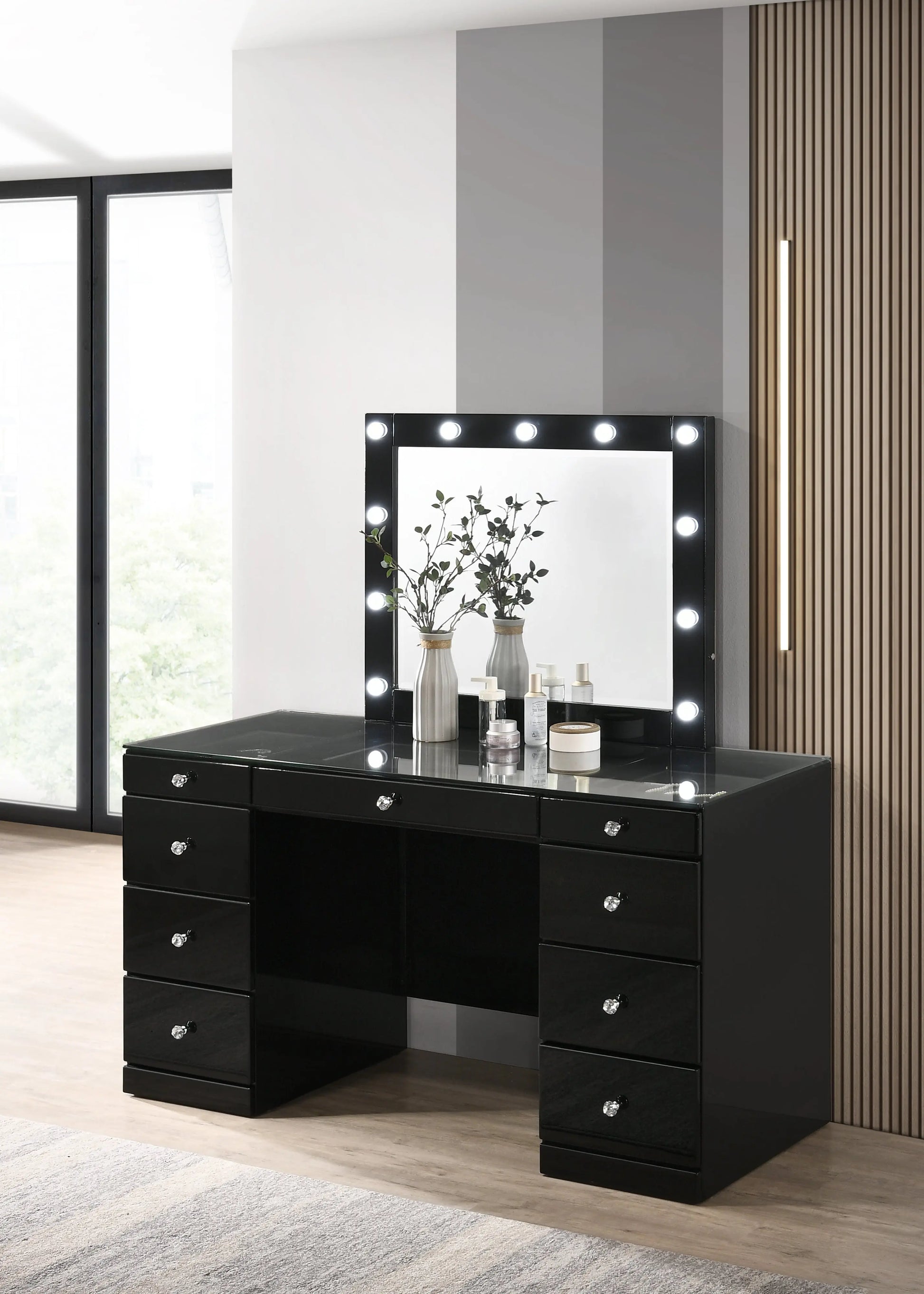 Avery Black Makeup Vanity Set with Lighted Mirror Crown Mark