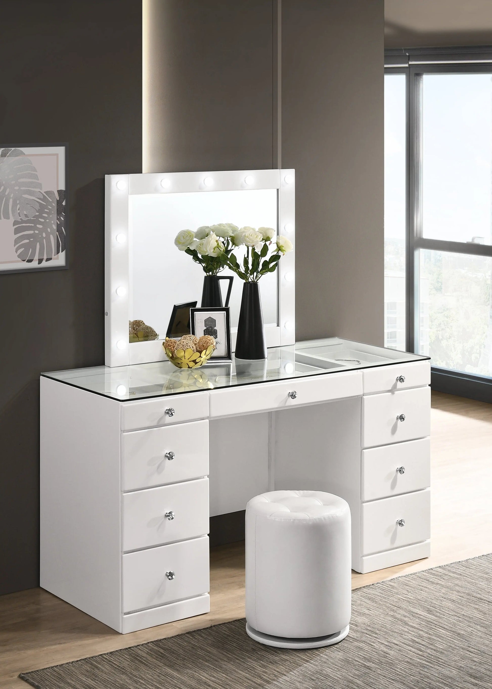 Avery White Makeup Vanity Set with Lighted Mirror Crown Mark