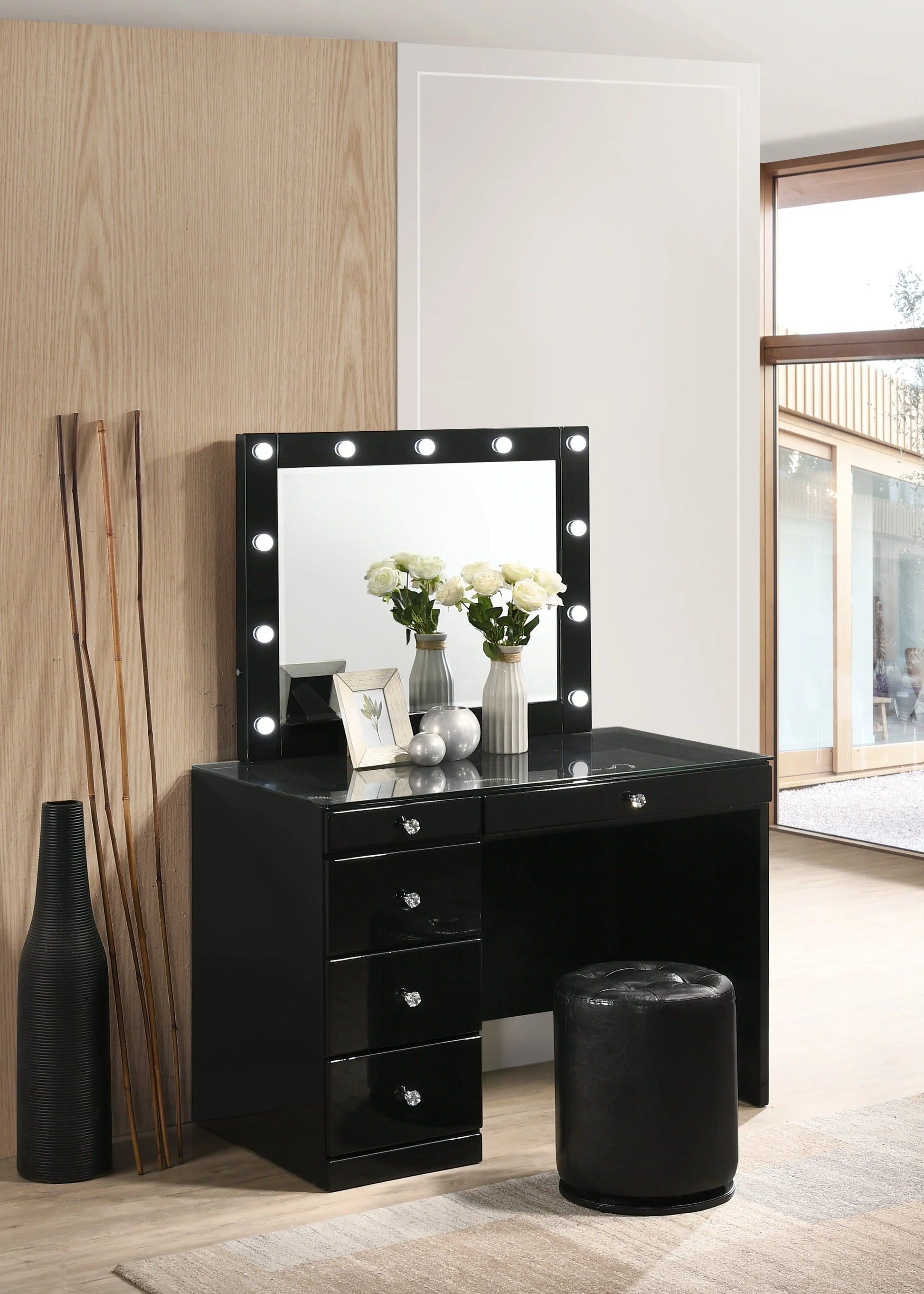 Morgan Black Makeup Vanity Set with Lighted Mirror Crown Mark