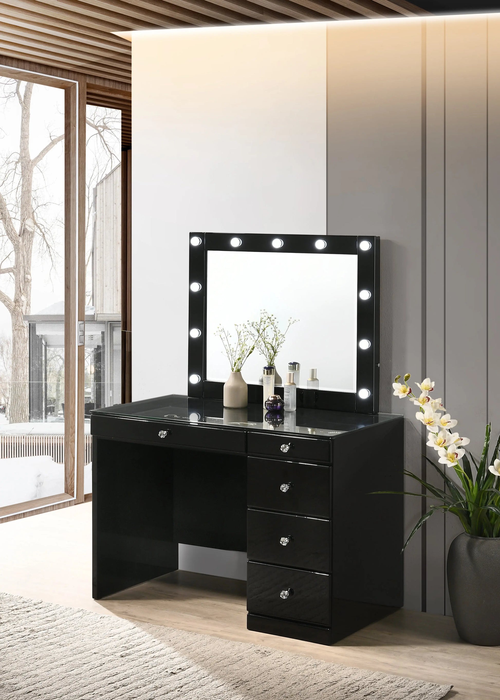 Morgan Black Makeup Vanity Set with Lighted Mirror Crown Mark