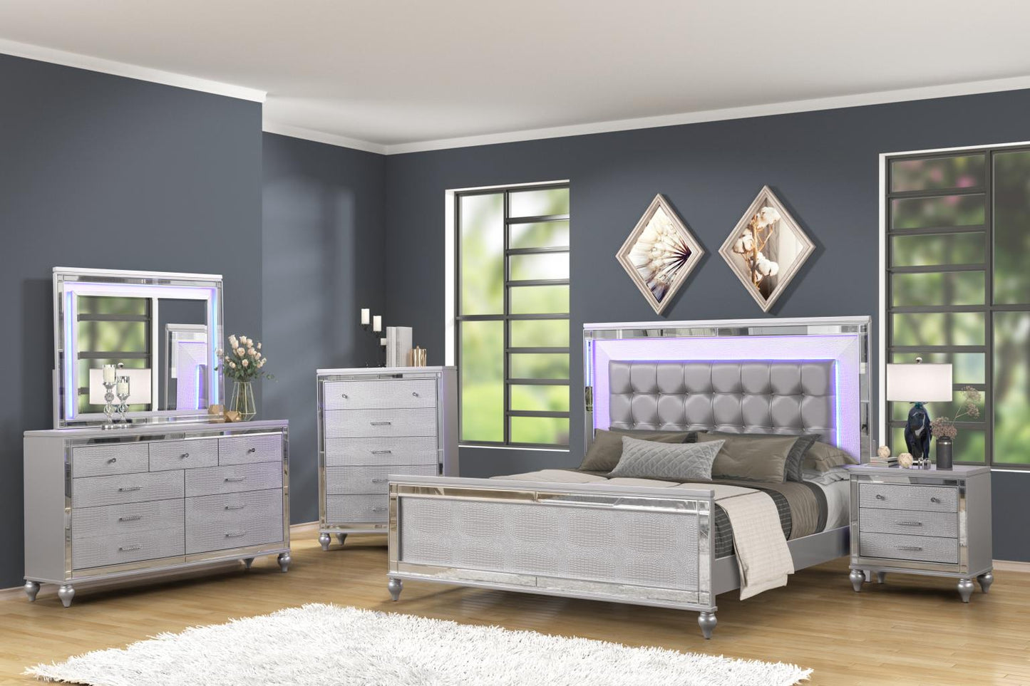 Emma Silver Queen Bed, Dresser, Mirror & Nightstand Massa Gallery Furniture