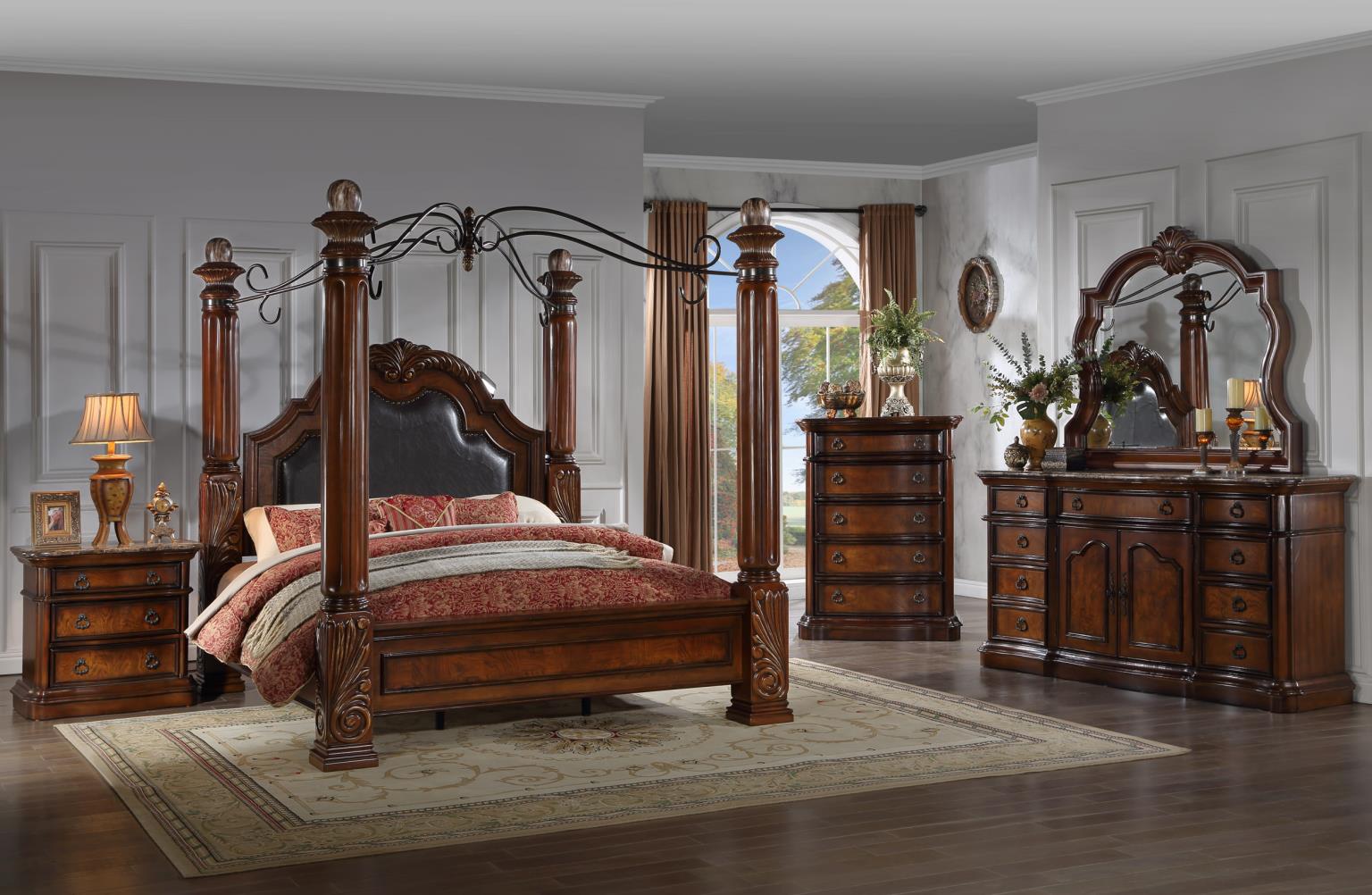 Lorenzo Queen Poster Bed, Dresser, Mirror & Nightstand Massa Gallery Furniture