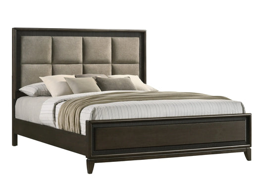 Saratoga Brown King Upholstered Panel Bed Crown Mark