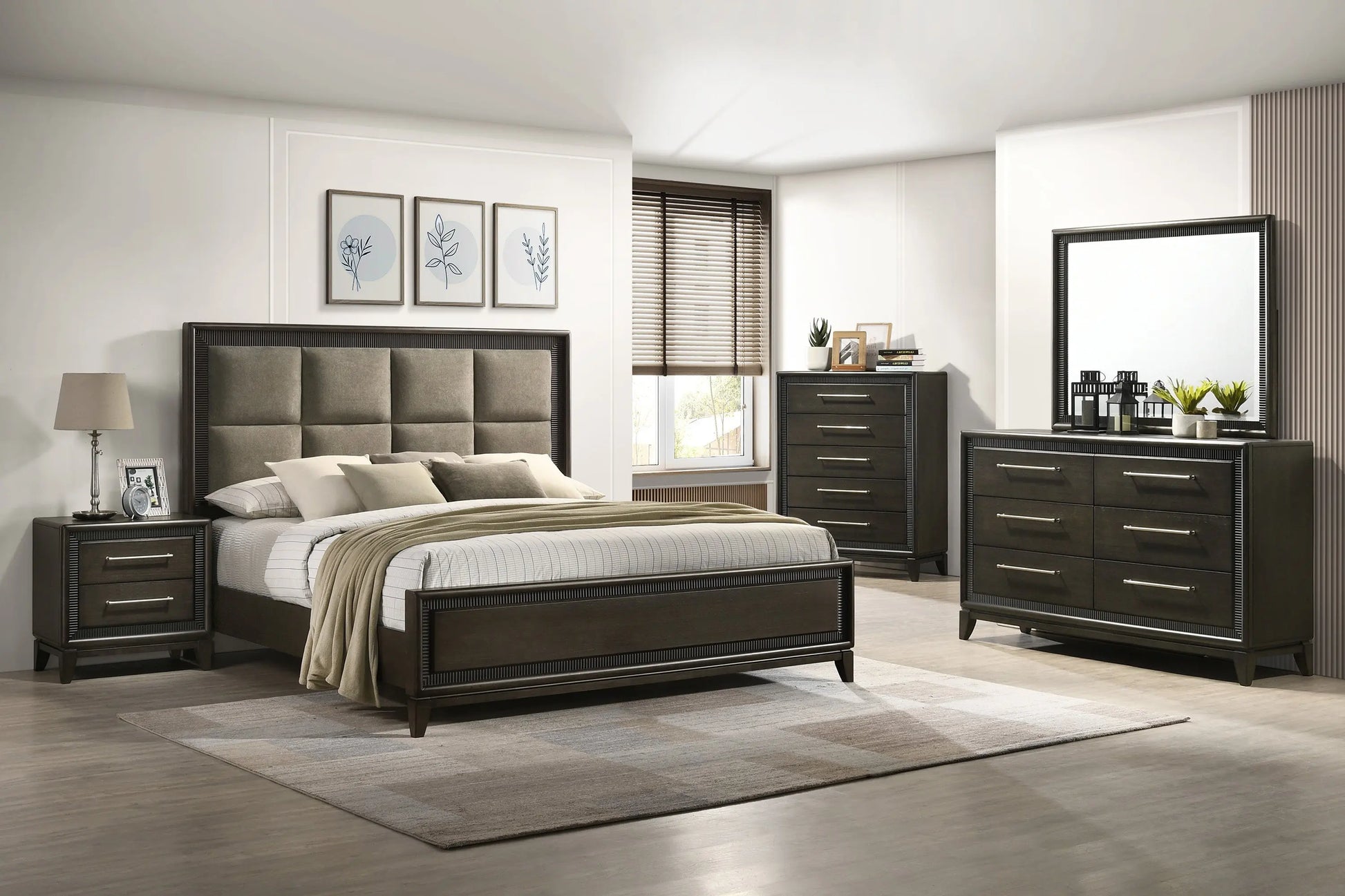 Saratoga Brown Queen Upholstered Panel Bed Crown Mark