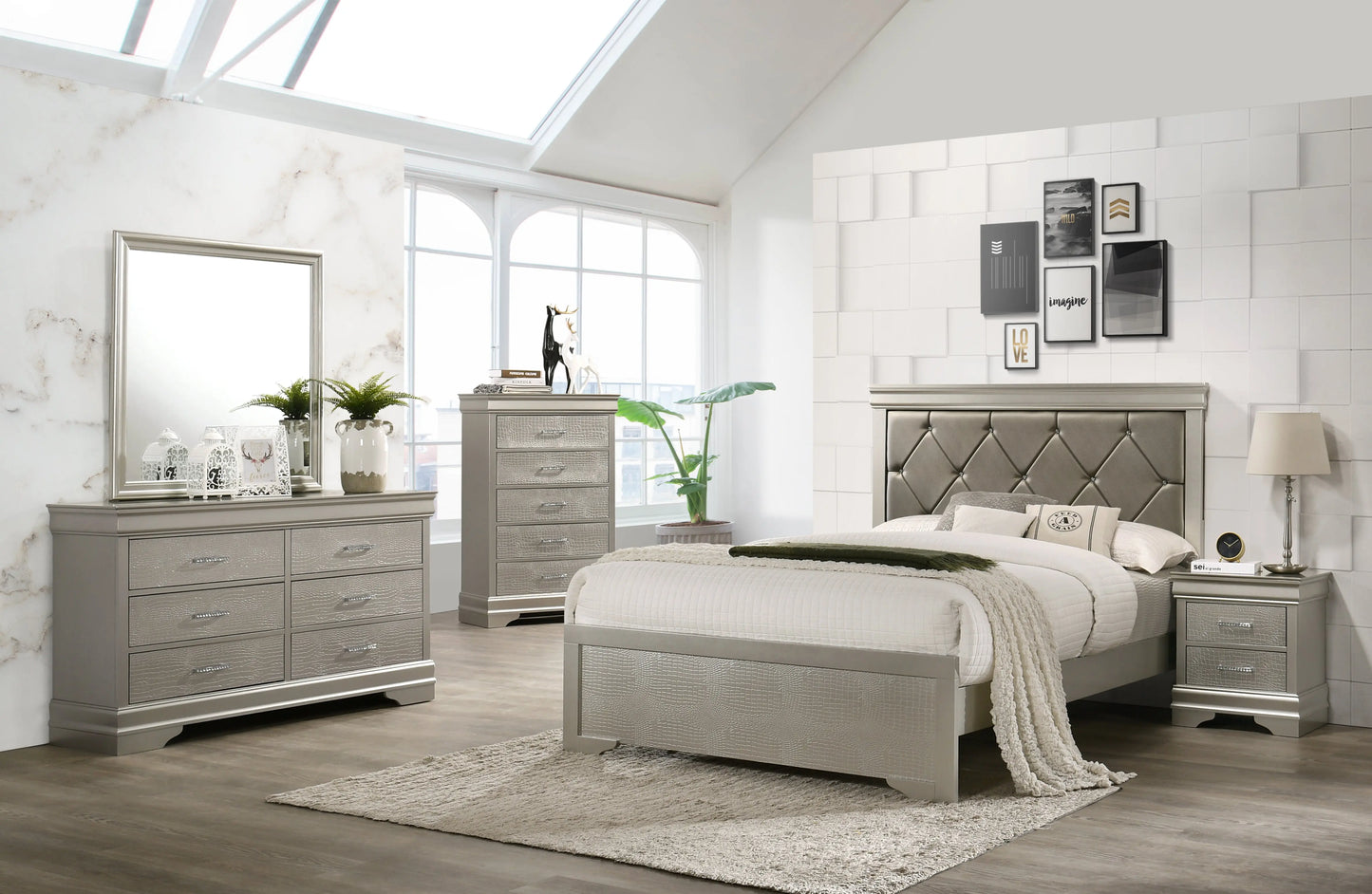 Amalia Silver King Panel Bed Crown Mark