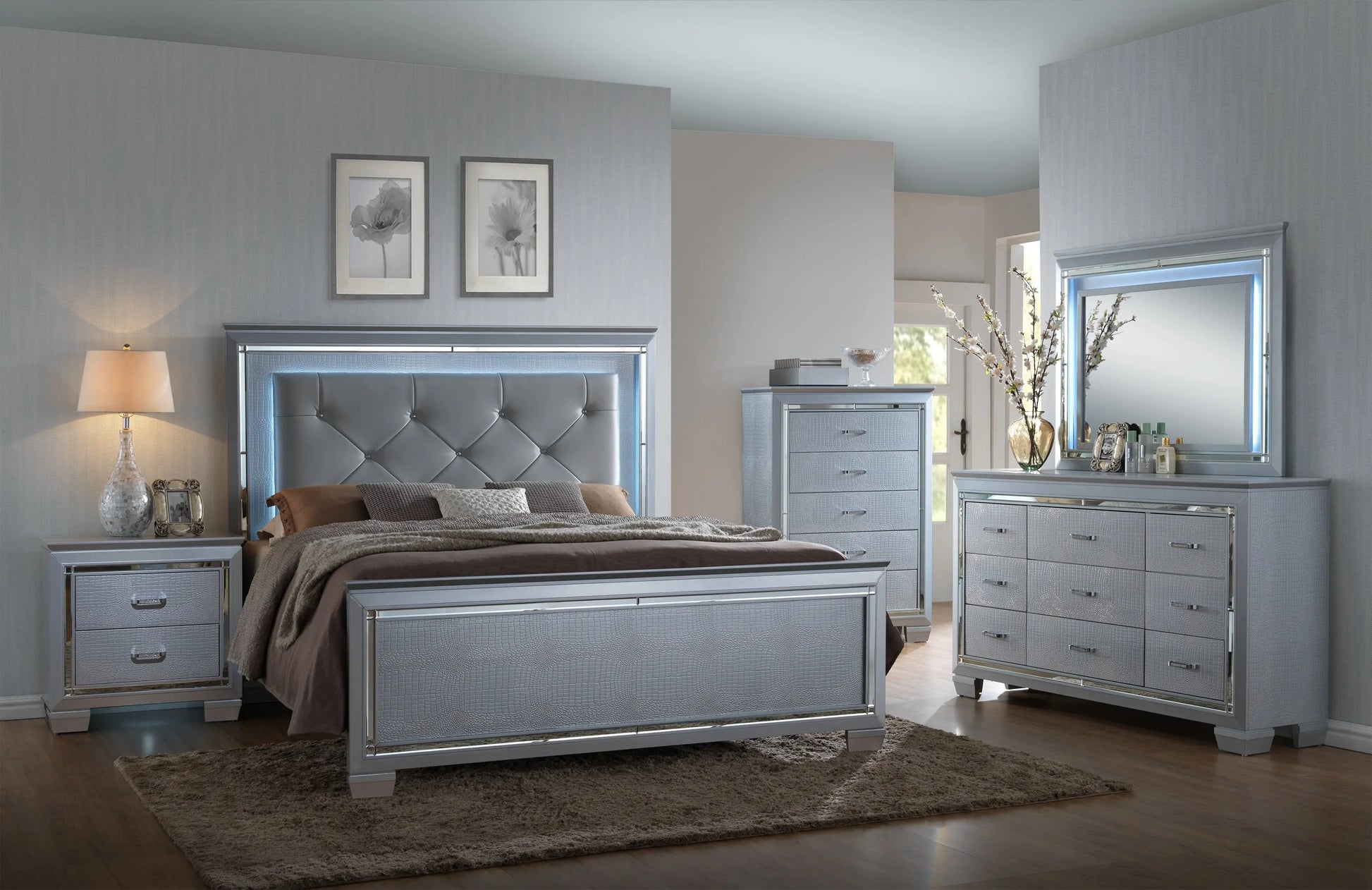 Lillian Silver LED Upholestered Bedroom Set Crown Mark