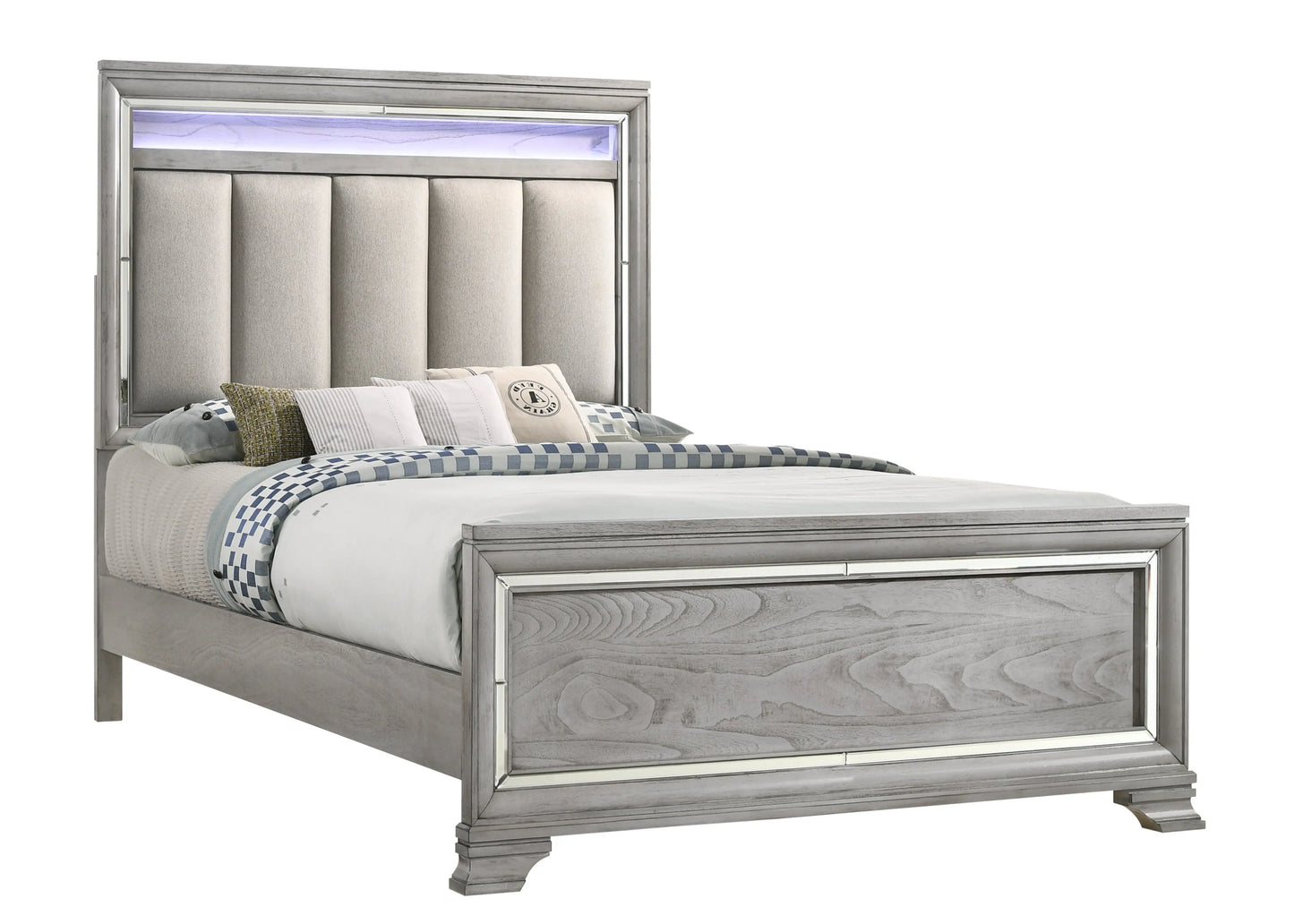 Vail Gray Queen LED Upholstered Panel Bed Crown Mark