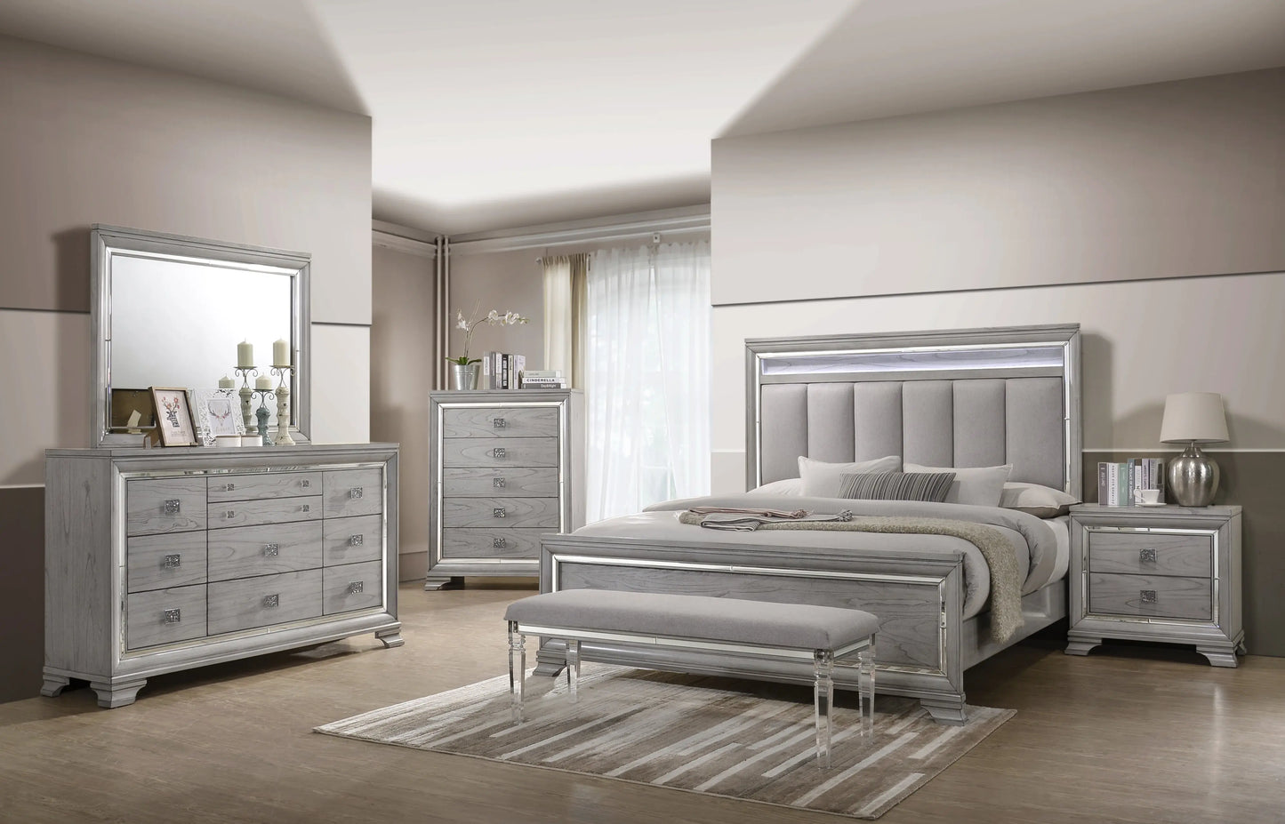 Vail Gray Queen LED Upholstered Panel Bed Crown Mark