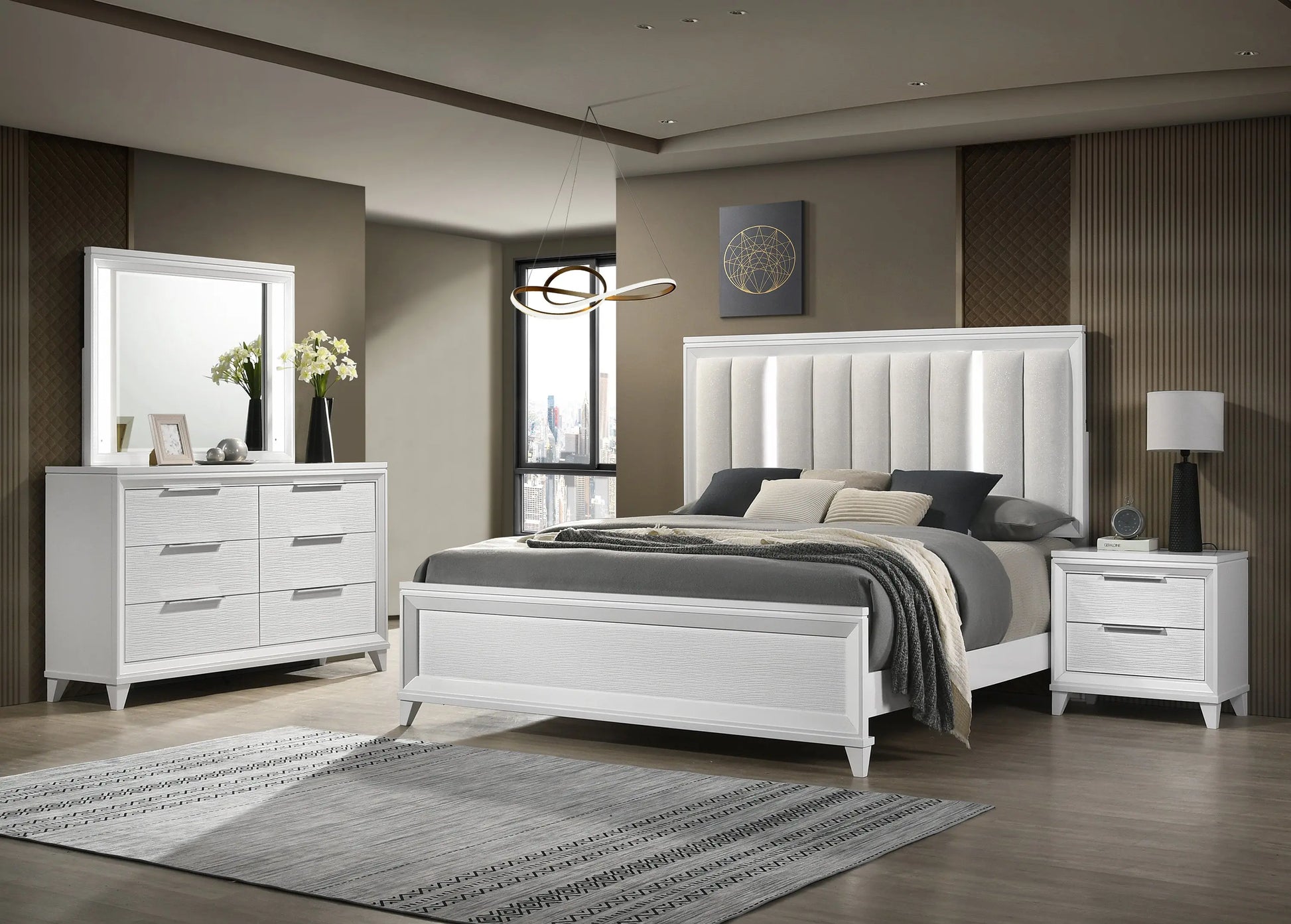 Cressida White Upholstered LED Panel Bedroom Set Crown Mark