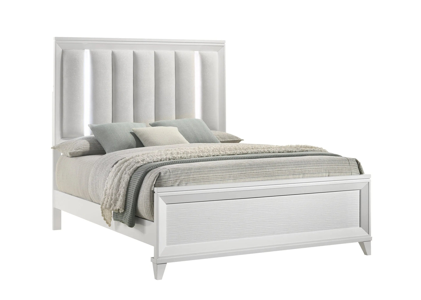 Cressida White Queen Upholstered LED Panel Bed Crown Mark