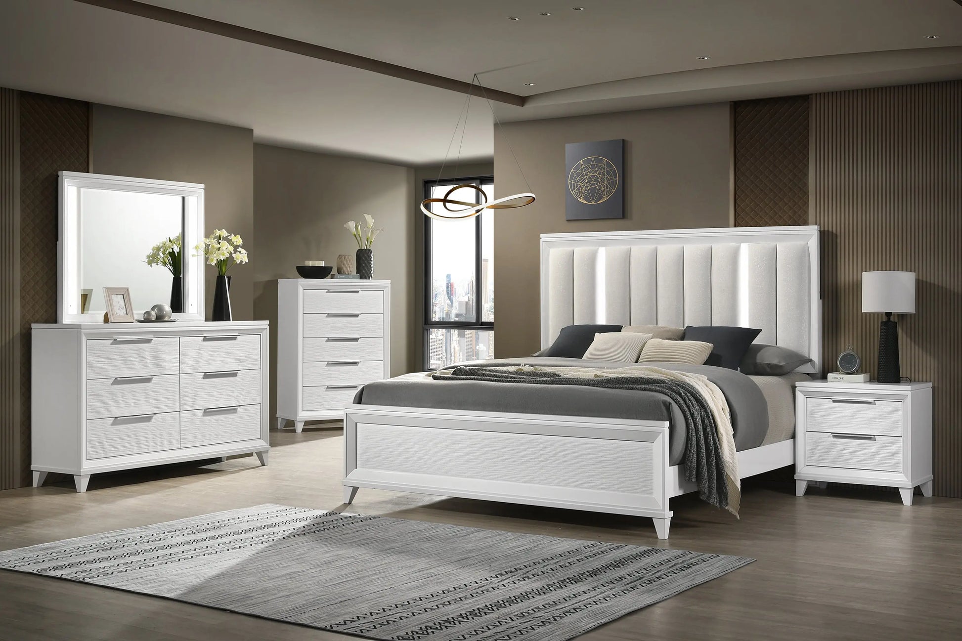 Cressida White Queen Upholstered LED Panel Bed Crown Mark