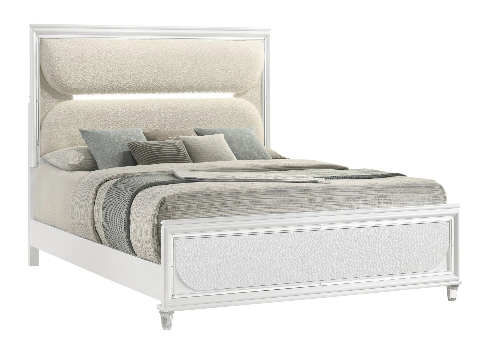 Eden White King Boucle Upholstered LED Panel Bed Crown Mark