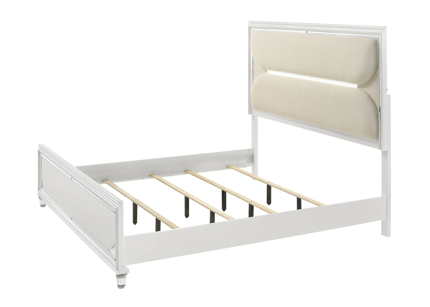 Eden White King Boucle Upholstered LED Panel Bed Crown Mark