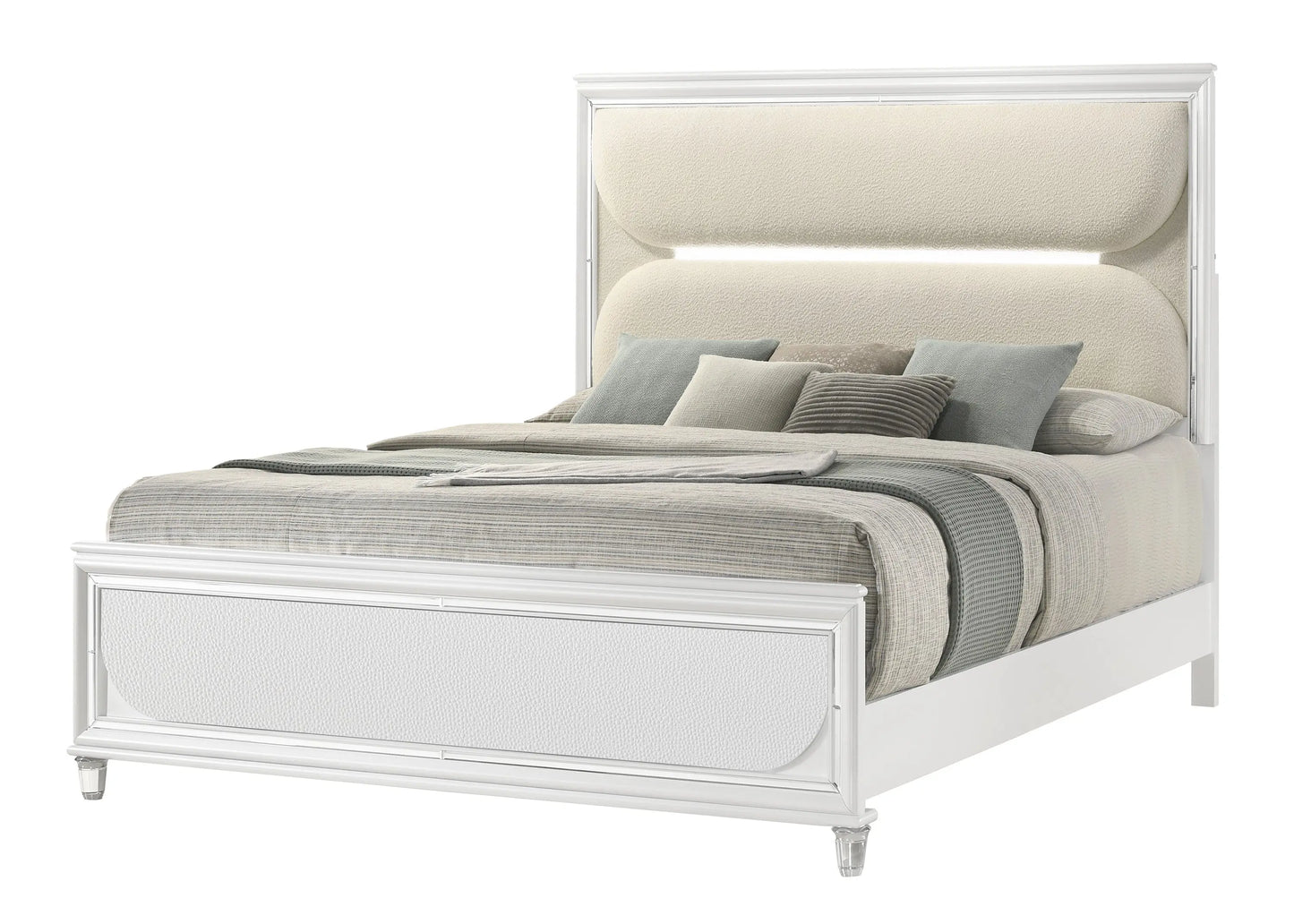 Eden White Boucle Upholstered LED Panel Bedroom Set Crown Mark